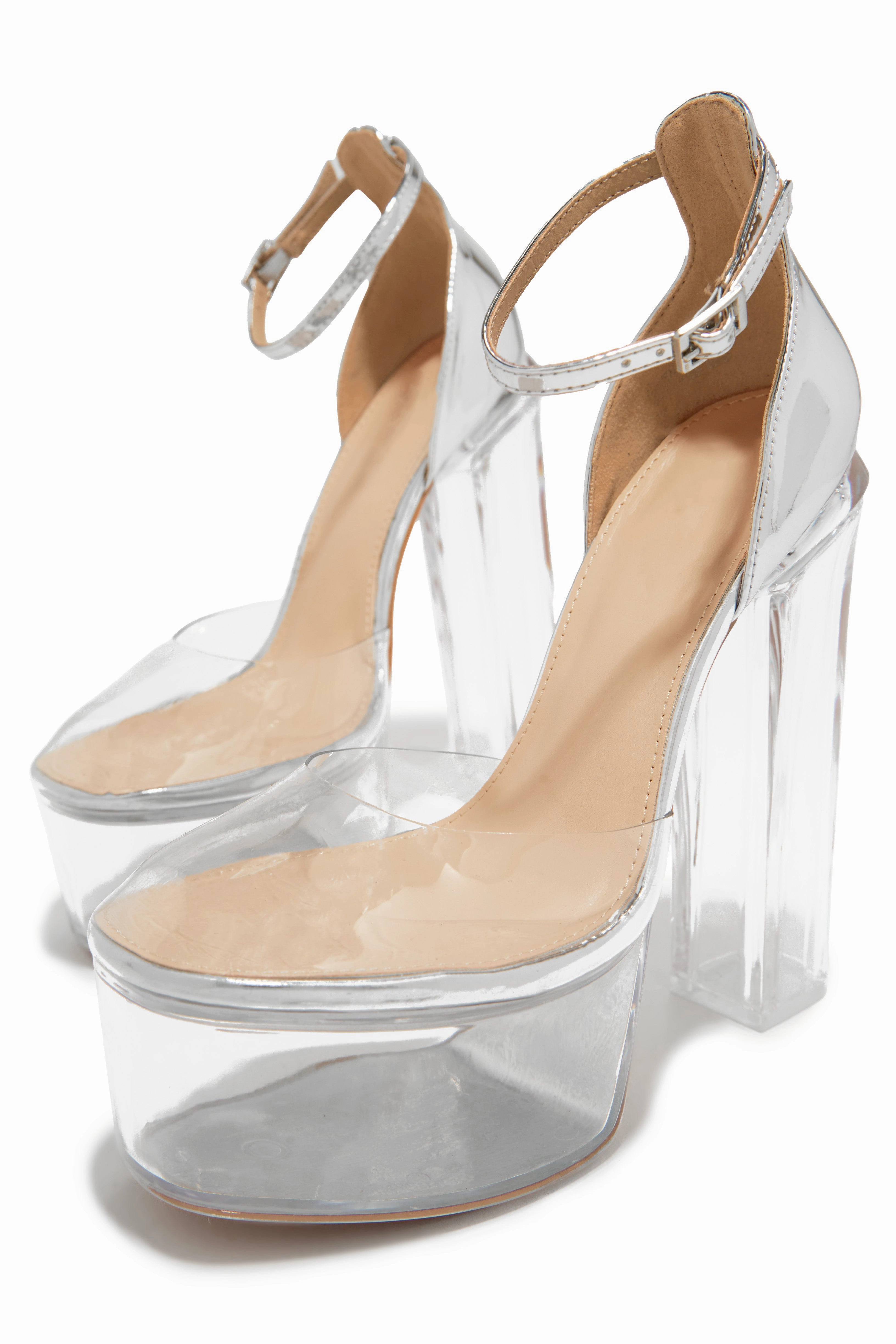 Adore Me Ankle Strap Platform Block High Heels - Silver