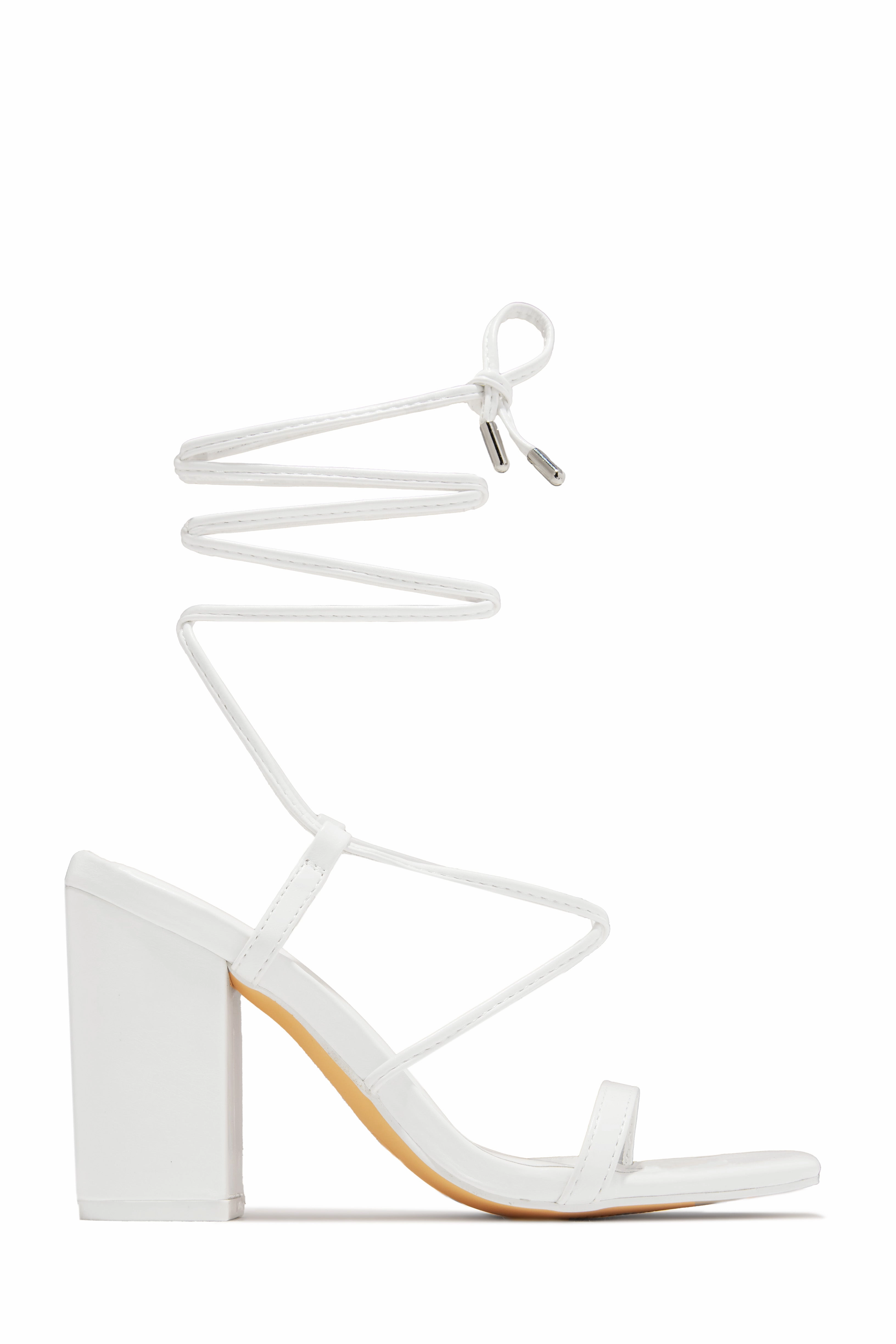 Aria Lace Up Block Heels - Nude