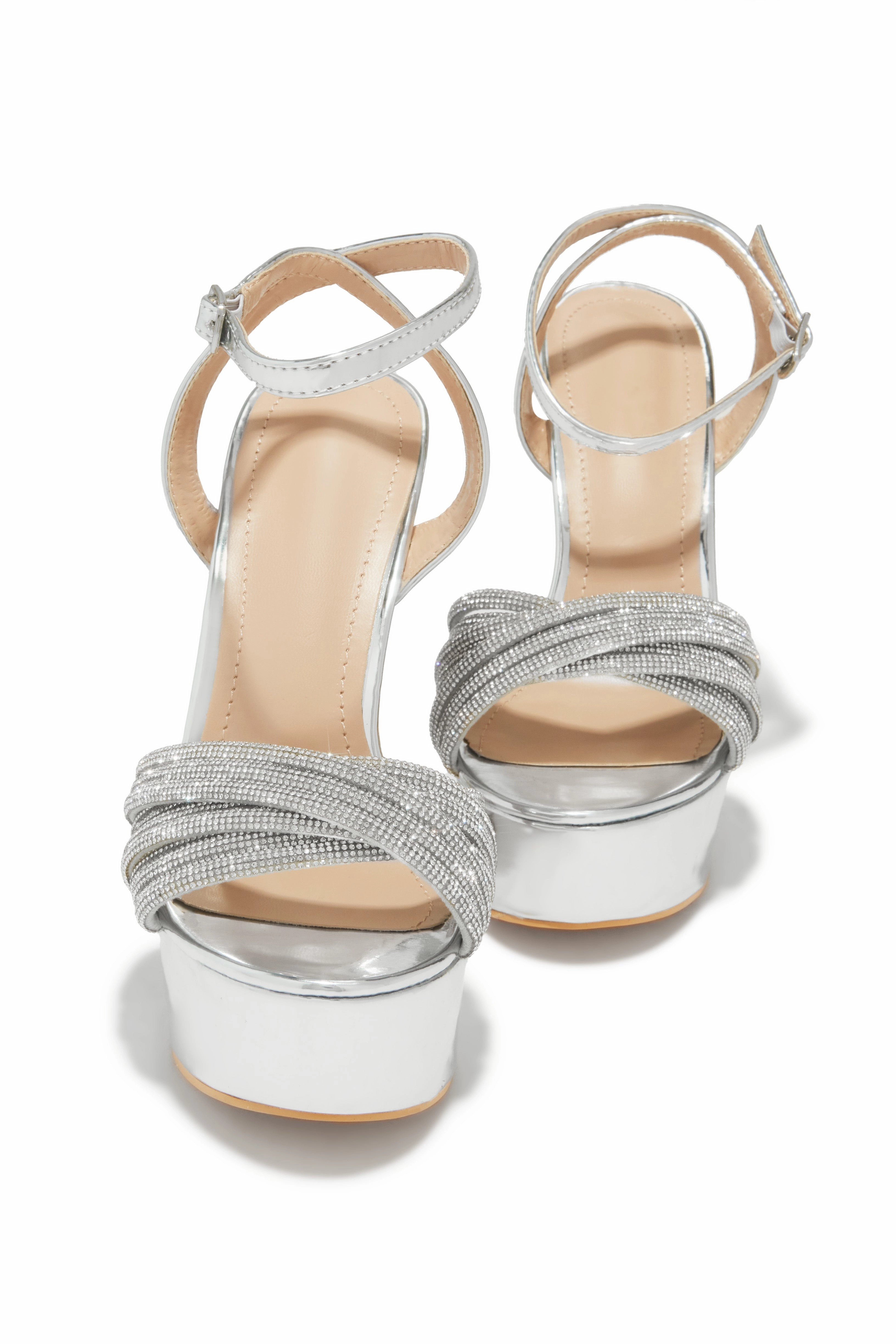 Arianna Embellished Platform Block Heels - Silver