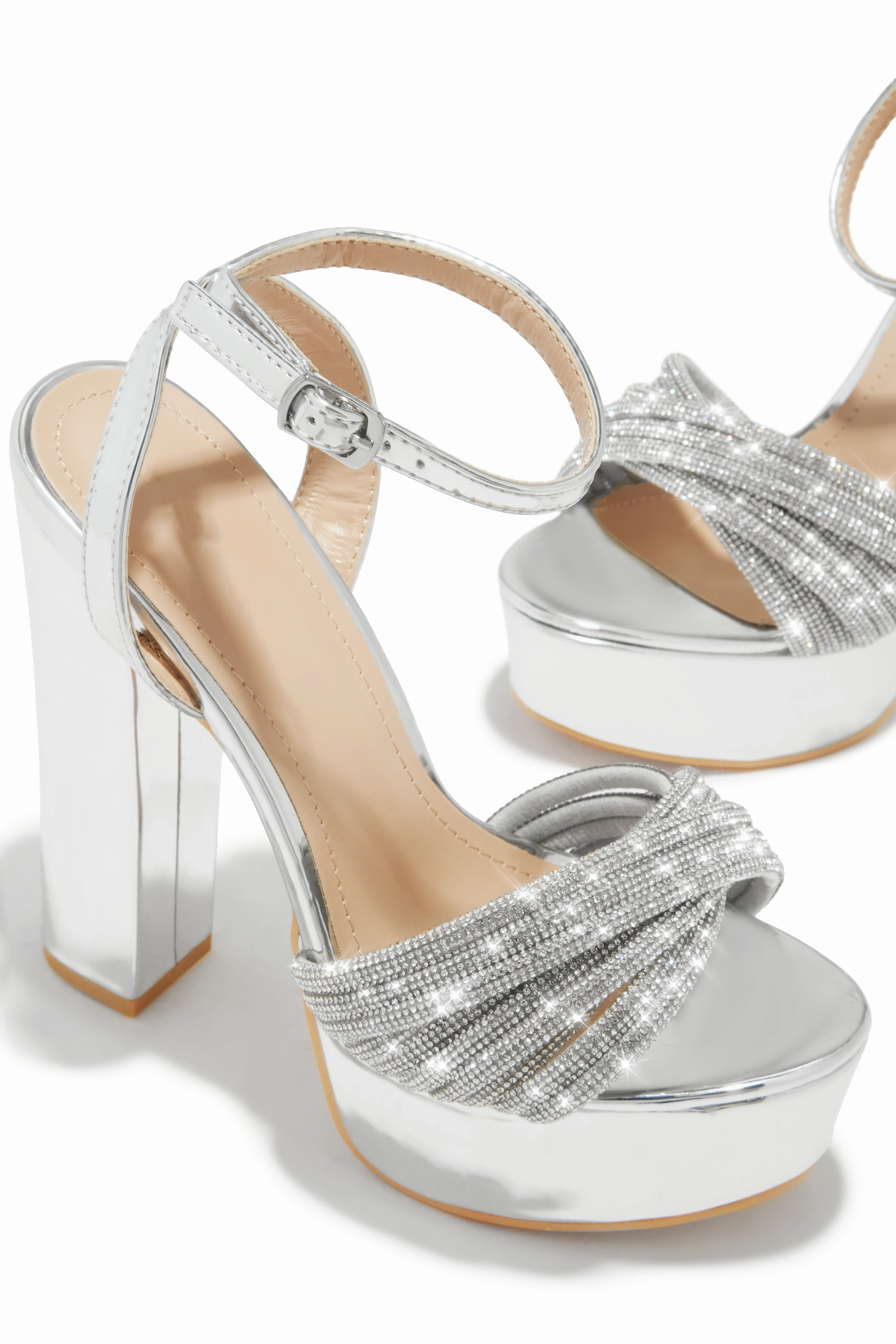 Arianna Embellished Platform Block Heels - Silver