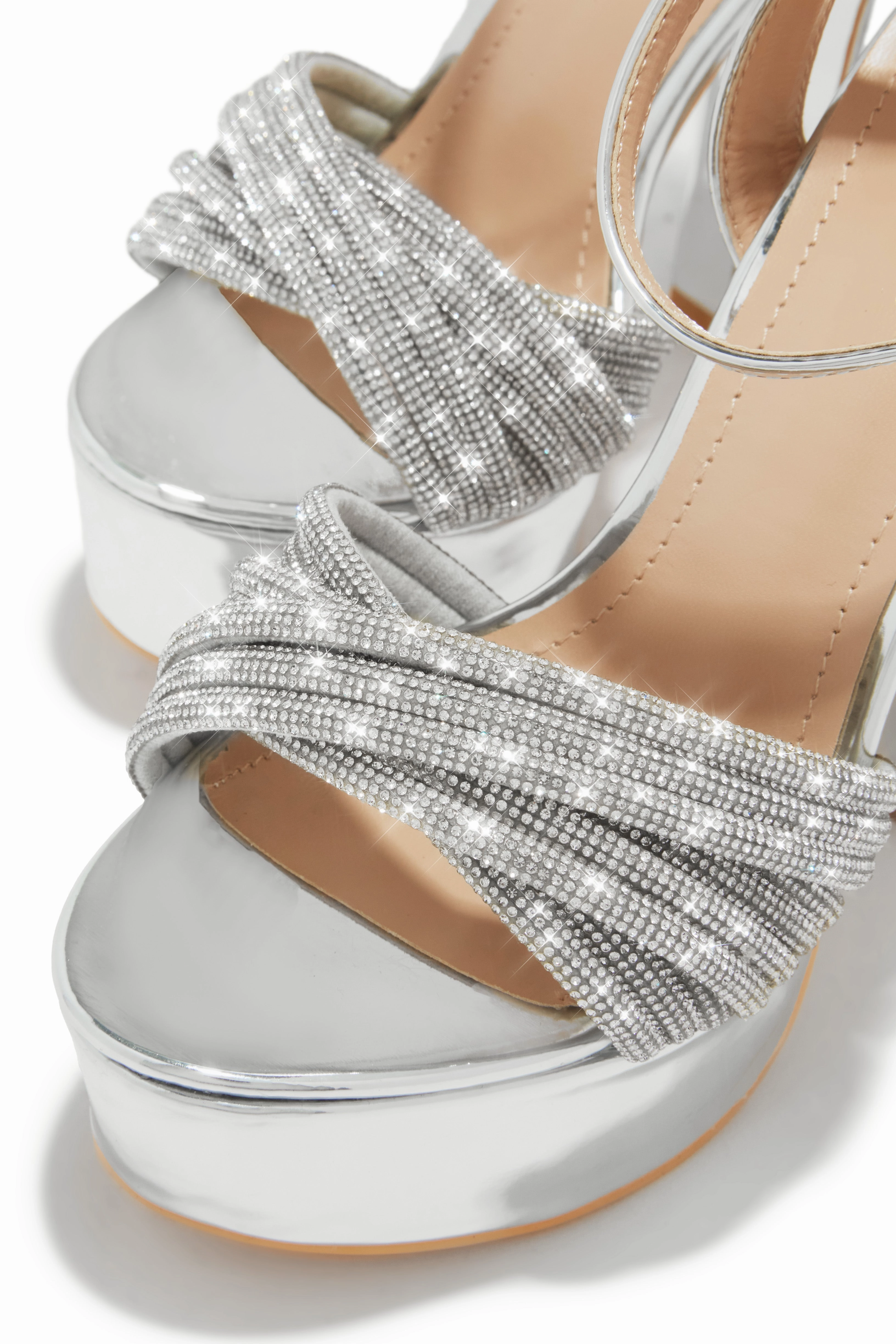 Arianna Embellished Platform Block Heels - Silver