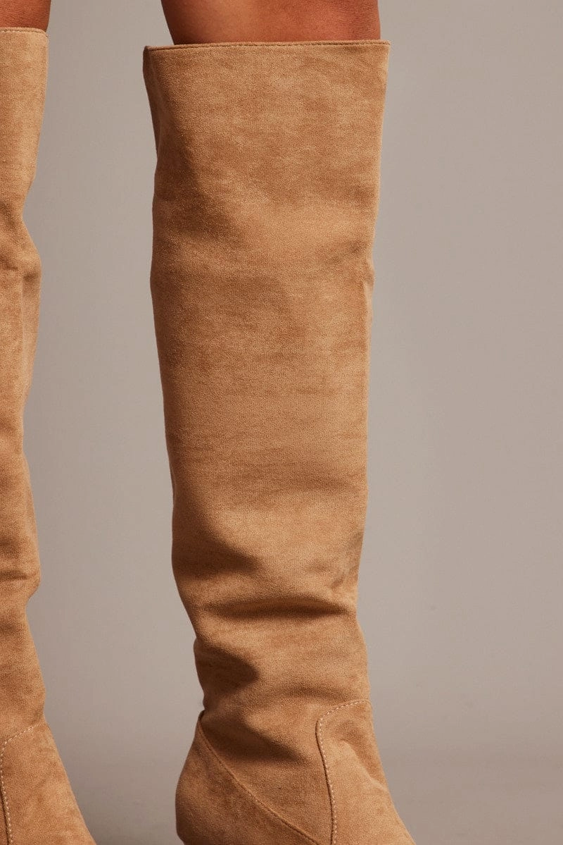 Beige Heeled Knee High Boots