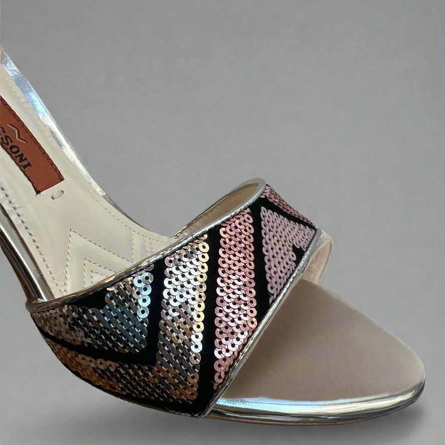 Belle Heel Sequin Sandal, Silver