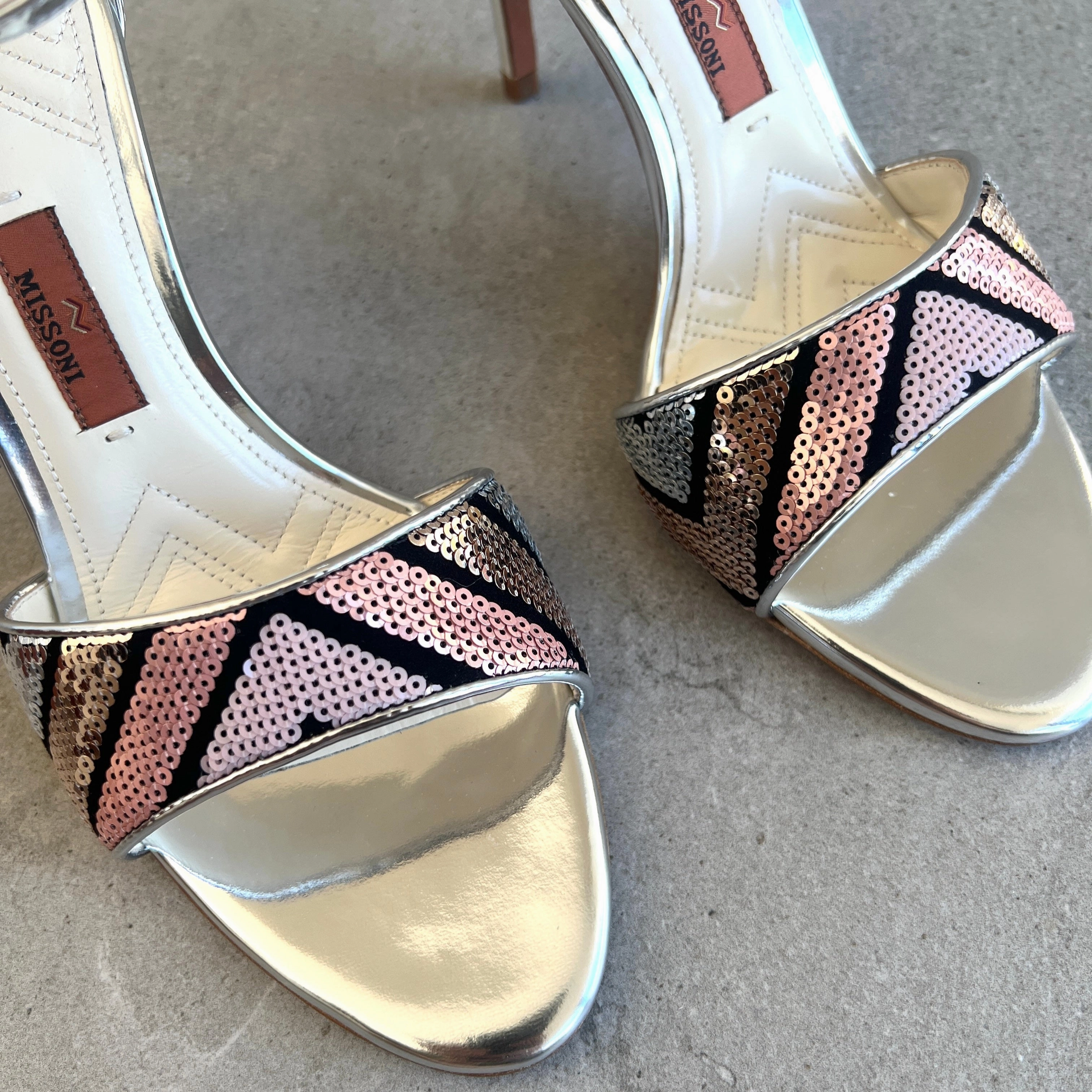 Belle Heel Sequin Sandal, Silver