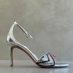 Belle Heel Sequin Sandal, Silver
