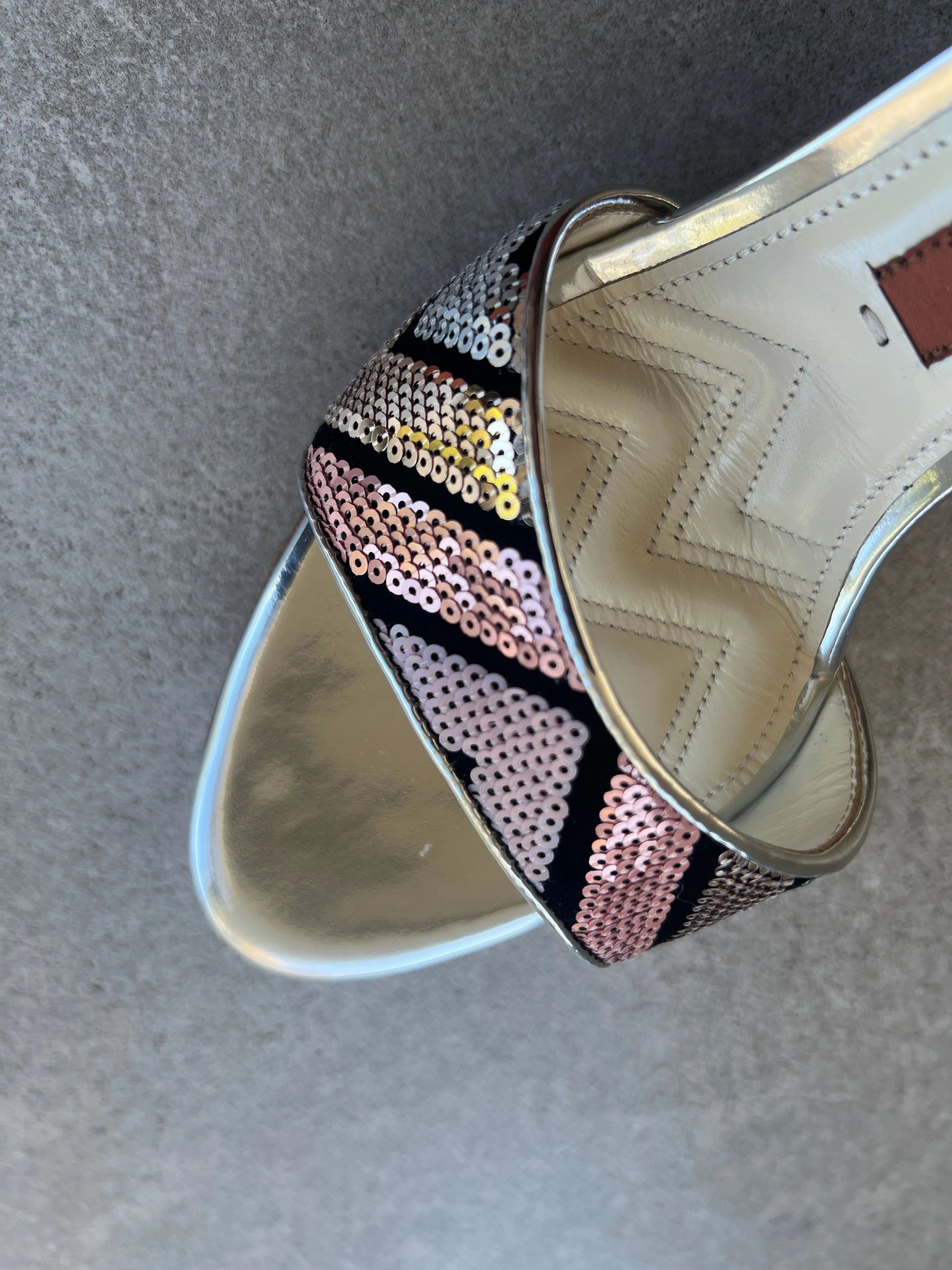 Belle Heel Sequin Sandal, Silver
