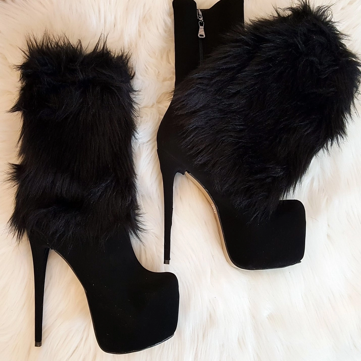 Black Suede Furry Platform Booties