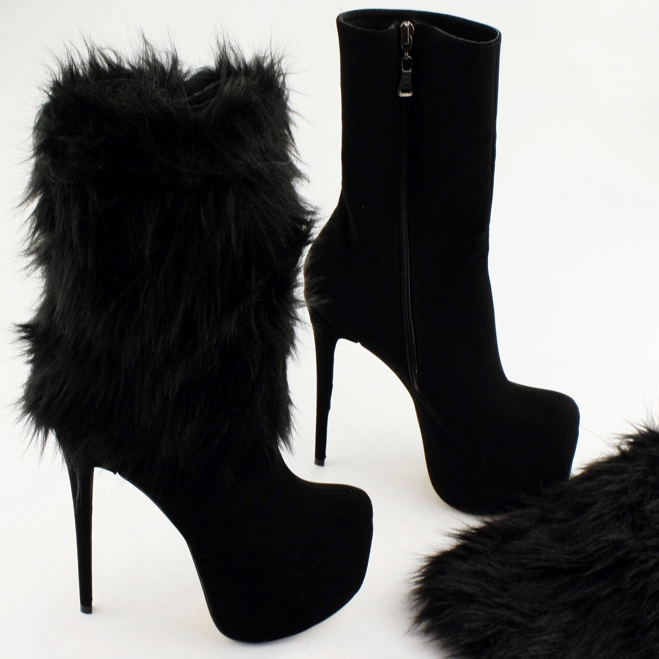 Black Suede Furry Platform Booties