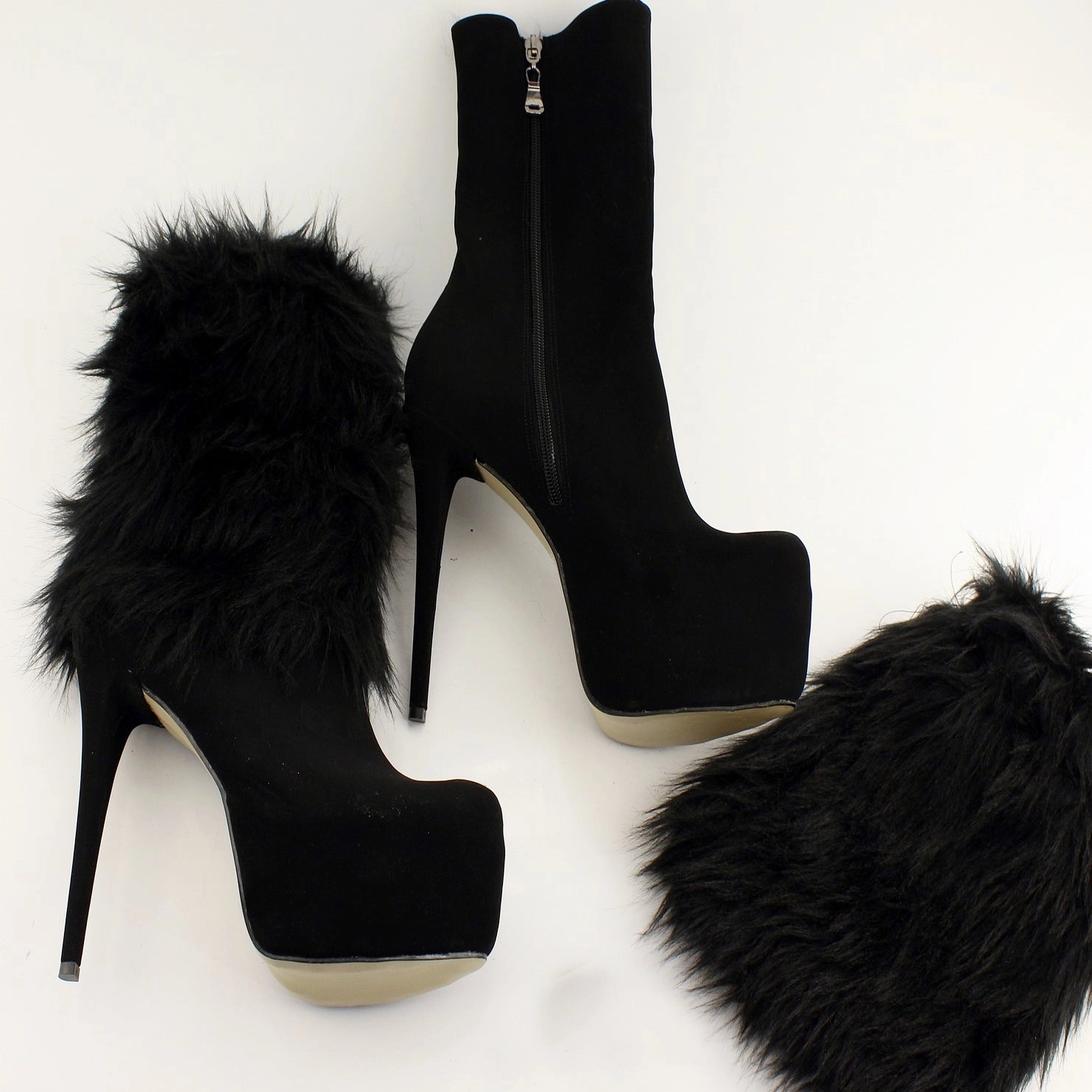 Black Suede Furry Platform Booties