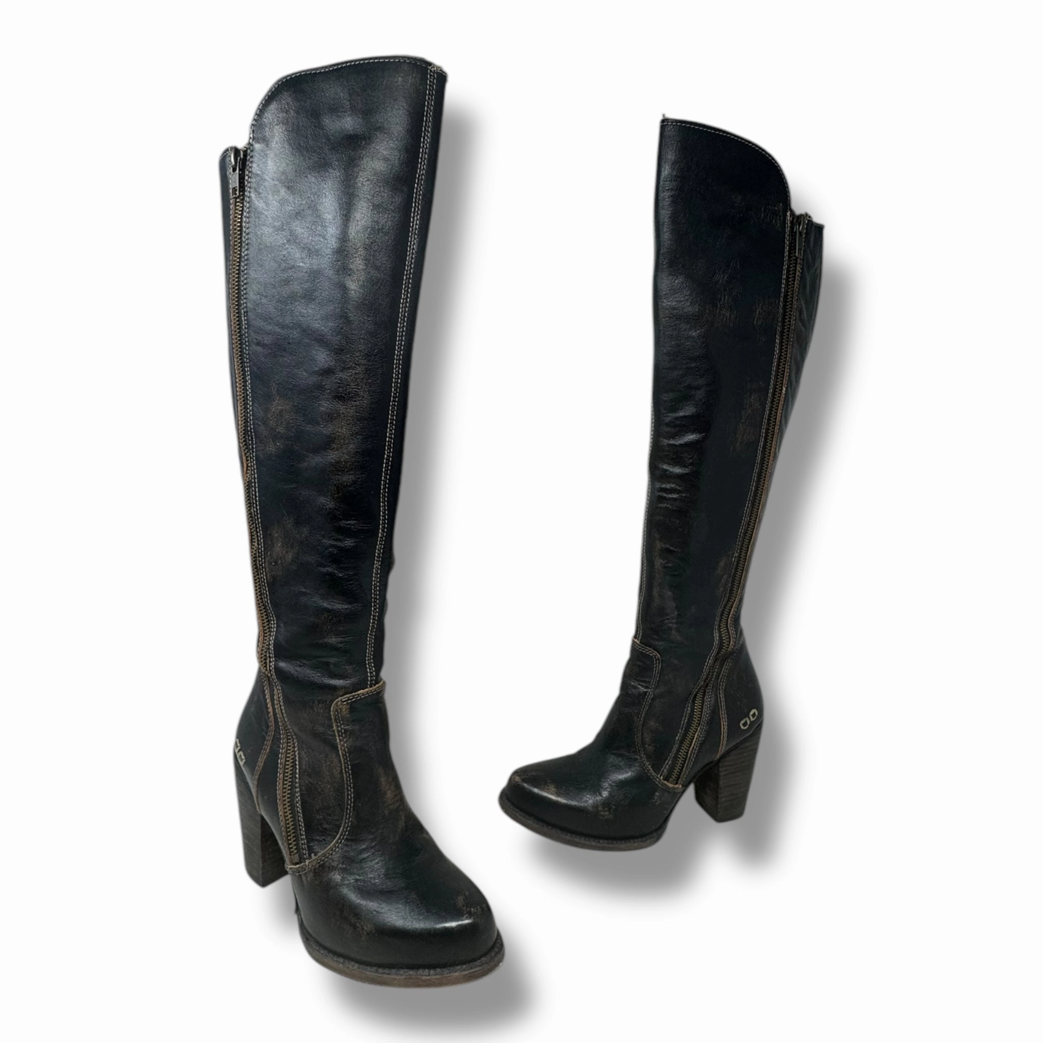 Boots Knee Heels By Bed Stu In Brown & Gold, Size: 9