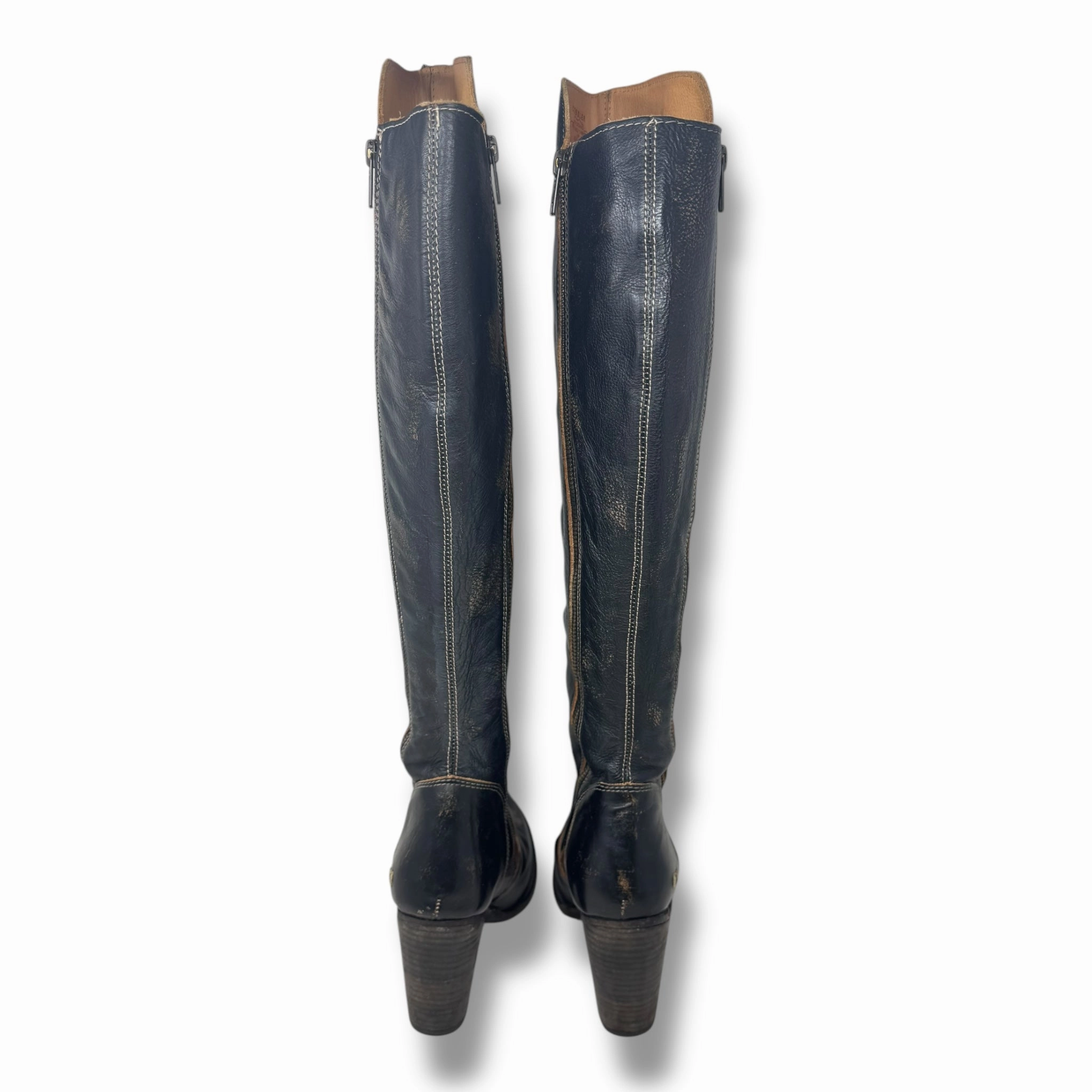 Boots Knee Heels By Bed Stu In Brown & Gold, Size: 9