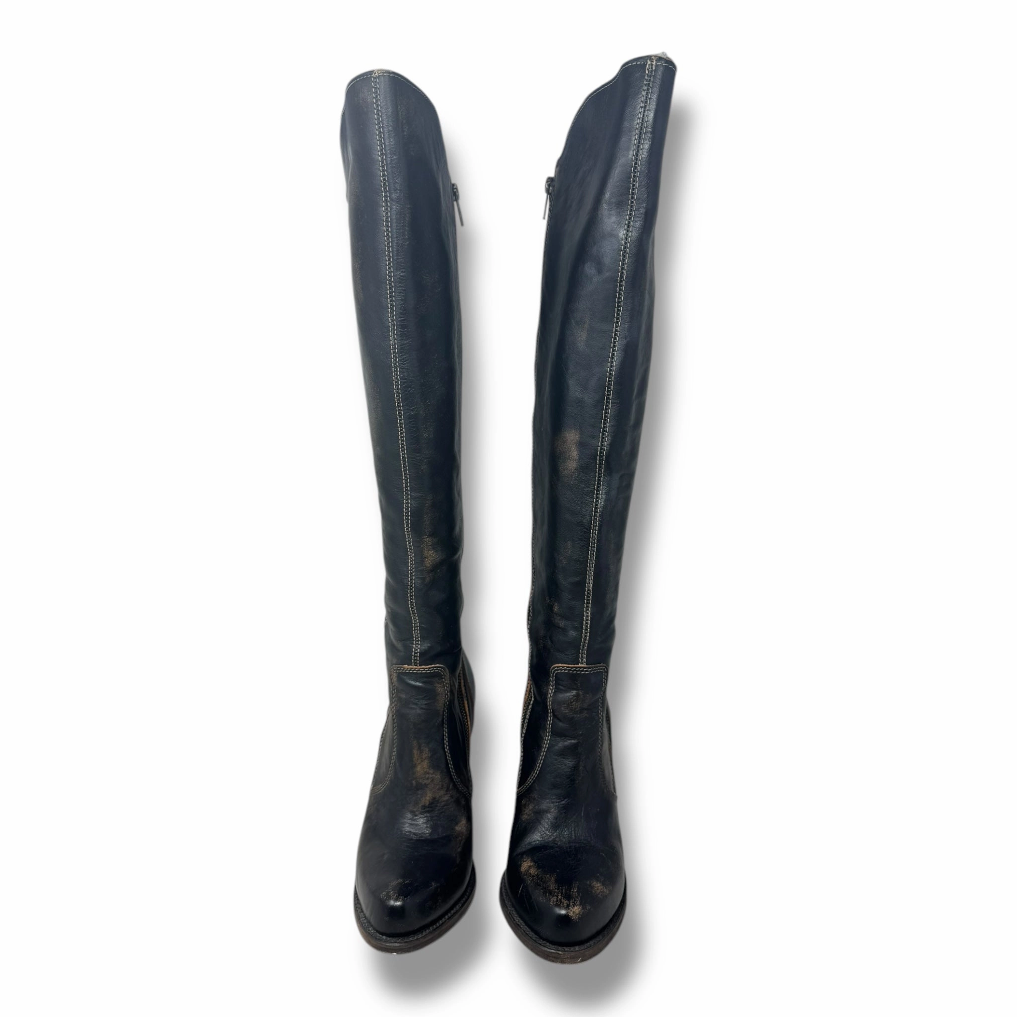 Boots Knee Heels By Bed Stu In Brown & Gold, Size: 9