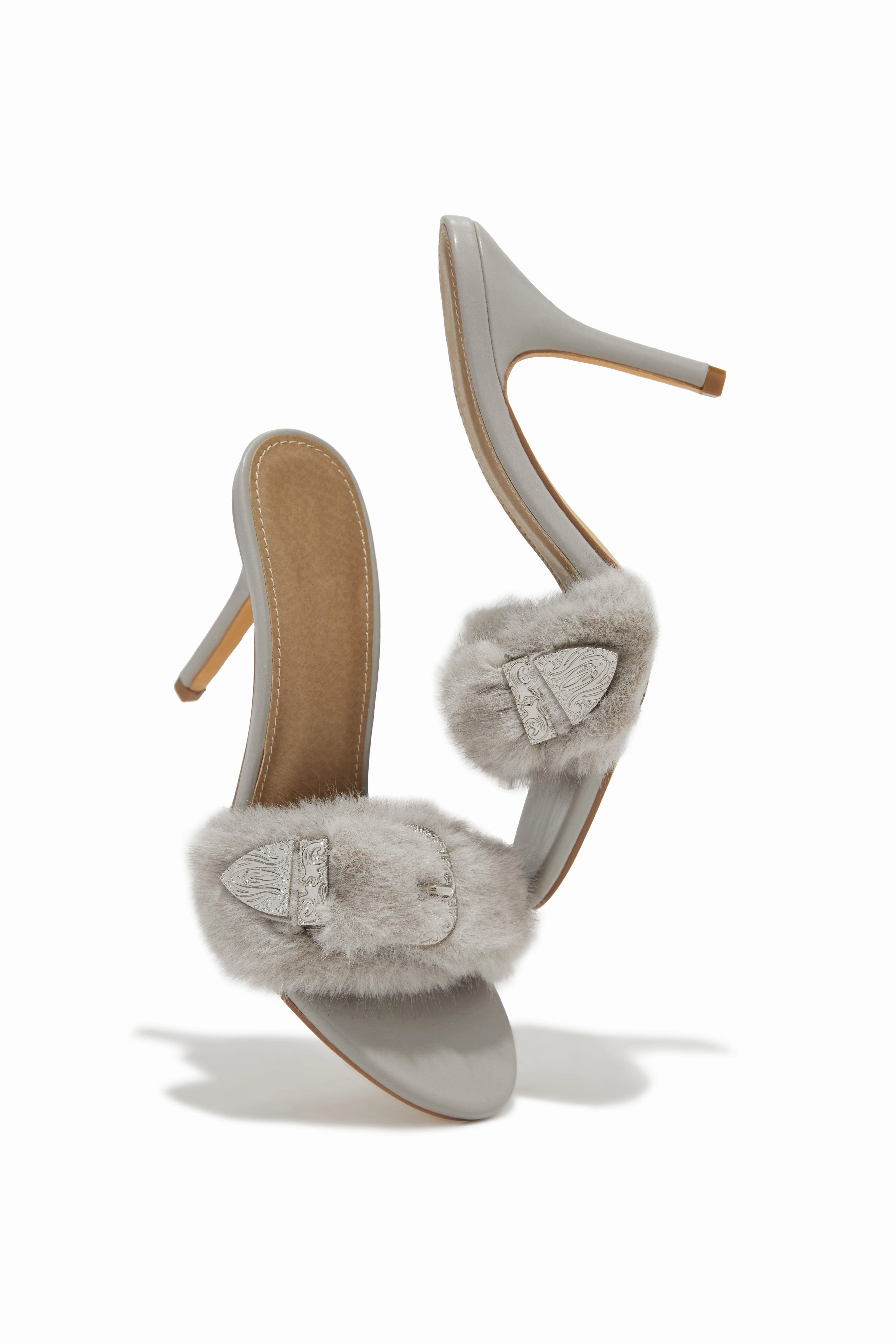 Cold Heart Faux Fur Strap High Heel Mules - Grey