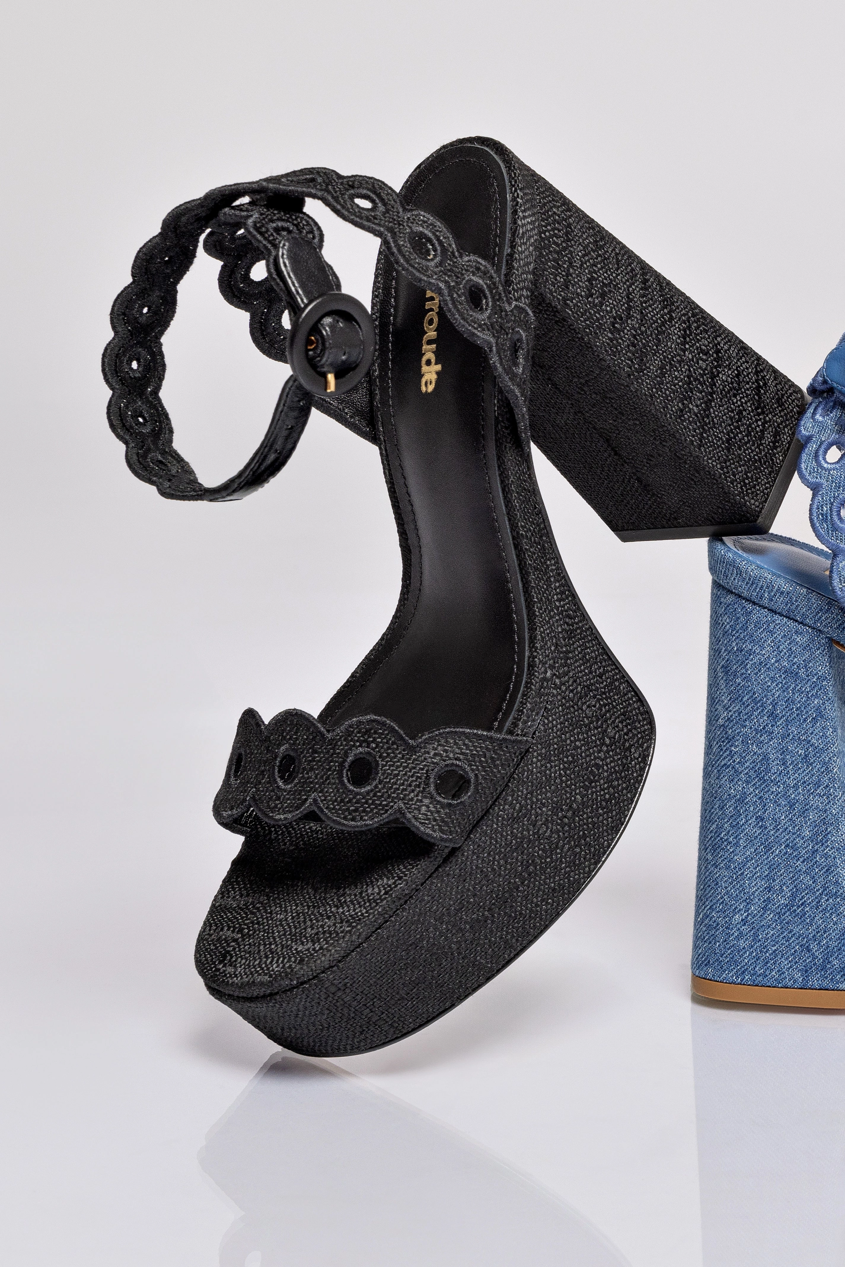 Dolly Broderie Sandal In Black Raffia