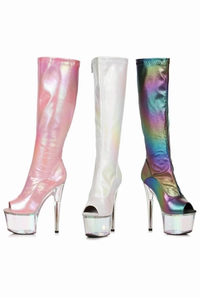 Ellie 709-BRANDY 7" Iridescent Knee High Boot With Rainbow Tinted Platform