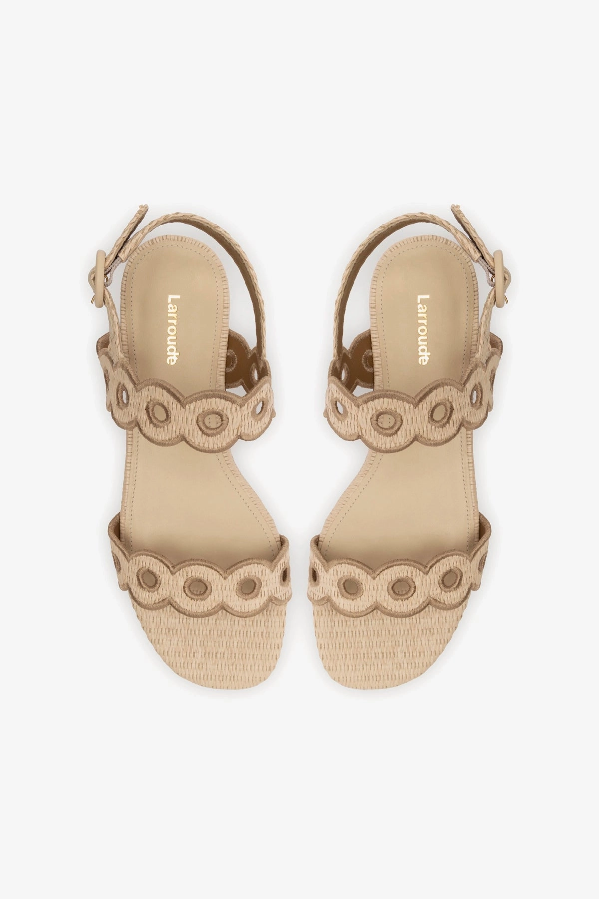 Florence Broderie Flat Sandal In Natural Raffia and Hazelnut Trimming