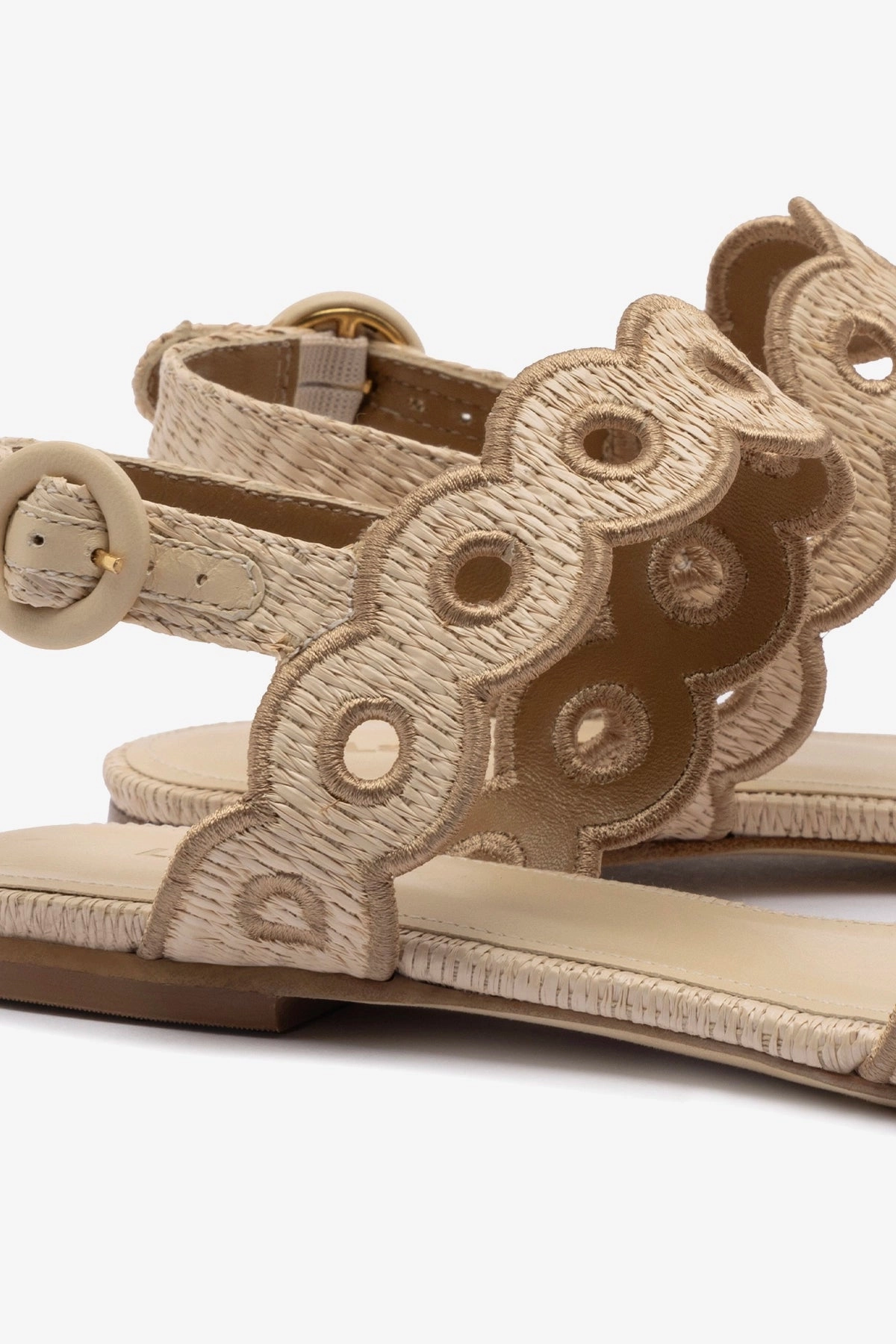 Florence Broderie Flat Sandal In Natural Raffia and Hazelnut Trimming