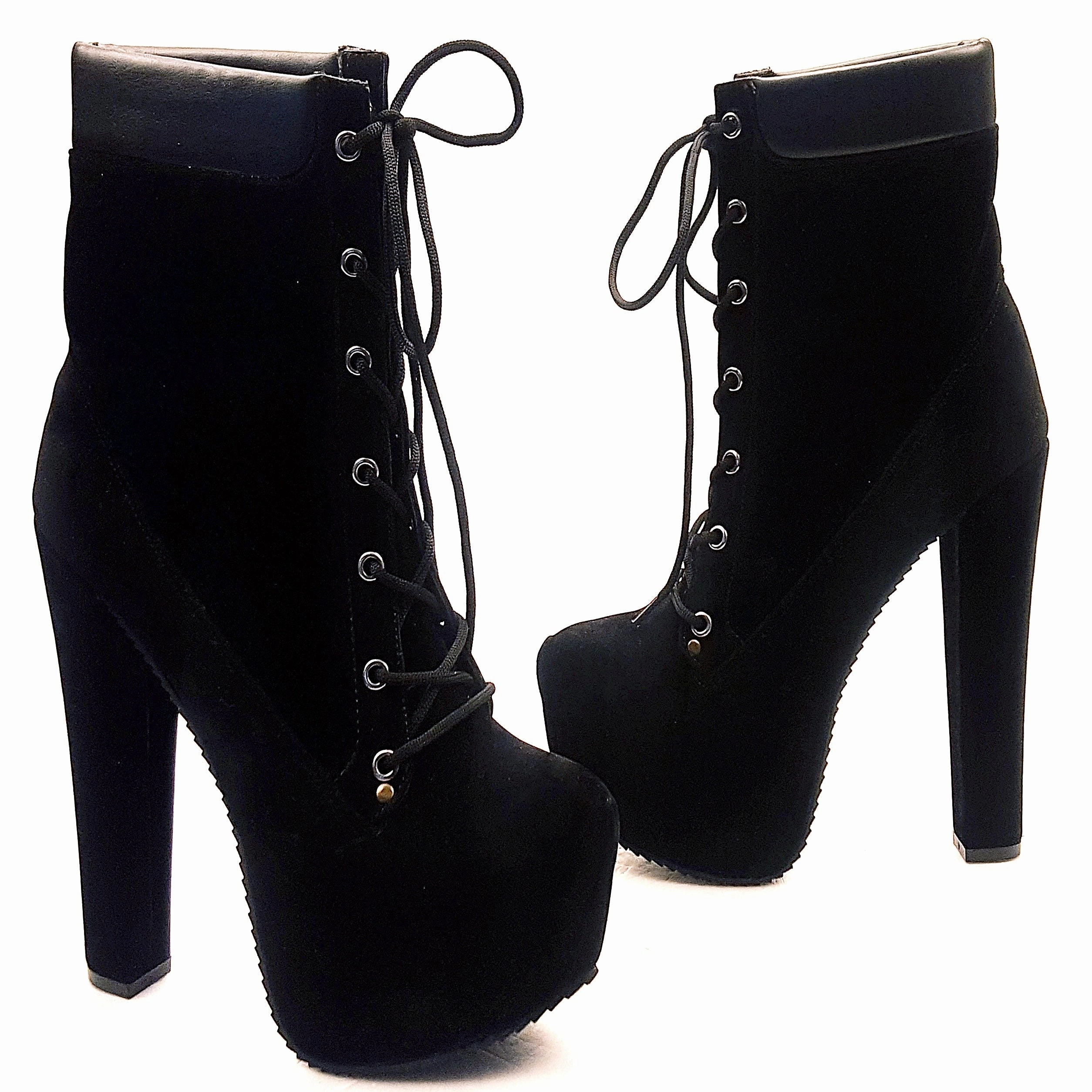 Lace Up Black Suede High Heel Boots