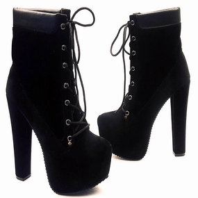 Lace Up Black Suede High Heel Boots