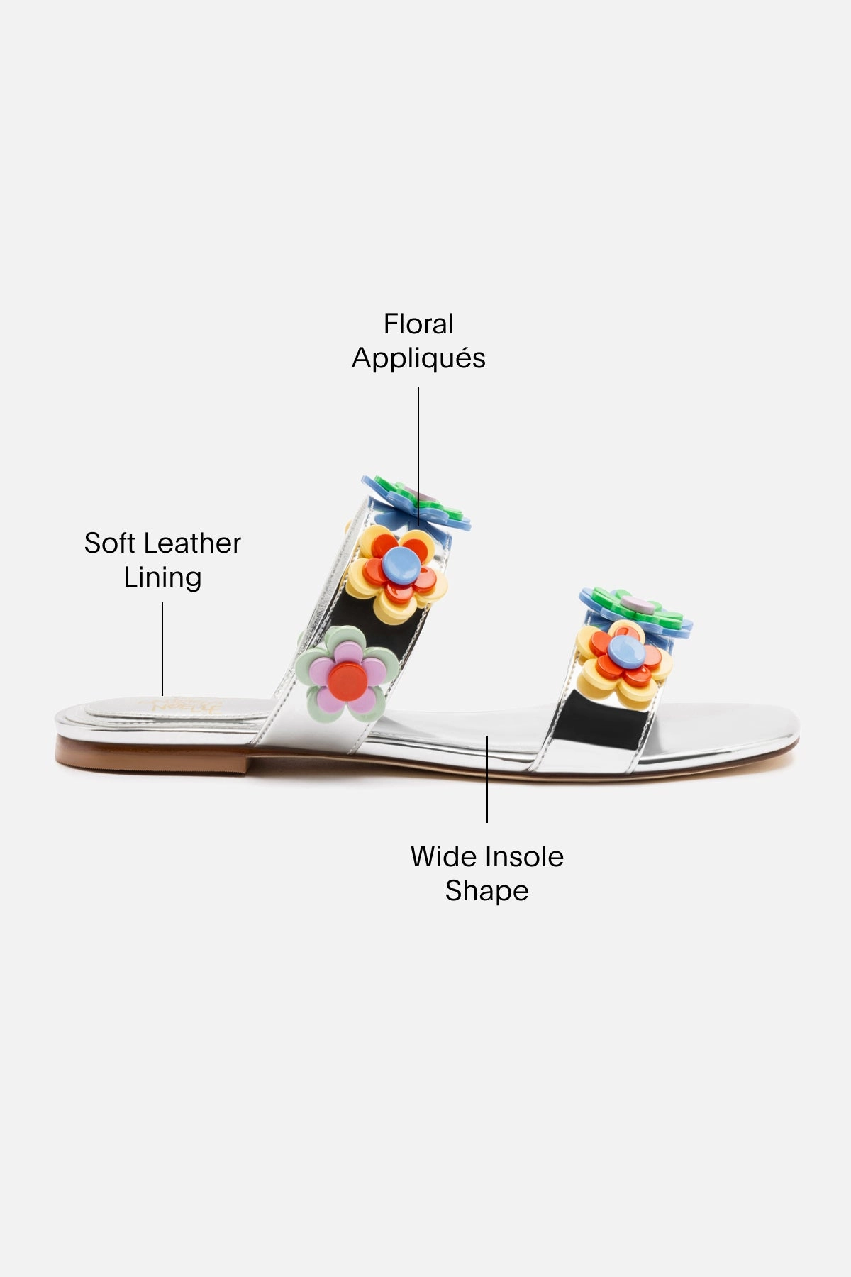 Larroudé x Gabriela Noelle: Blossom Flat Sandal In Silver Specchio and Multicolor Acrylic