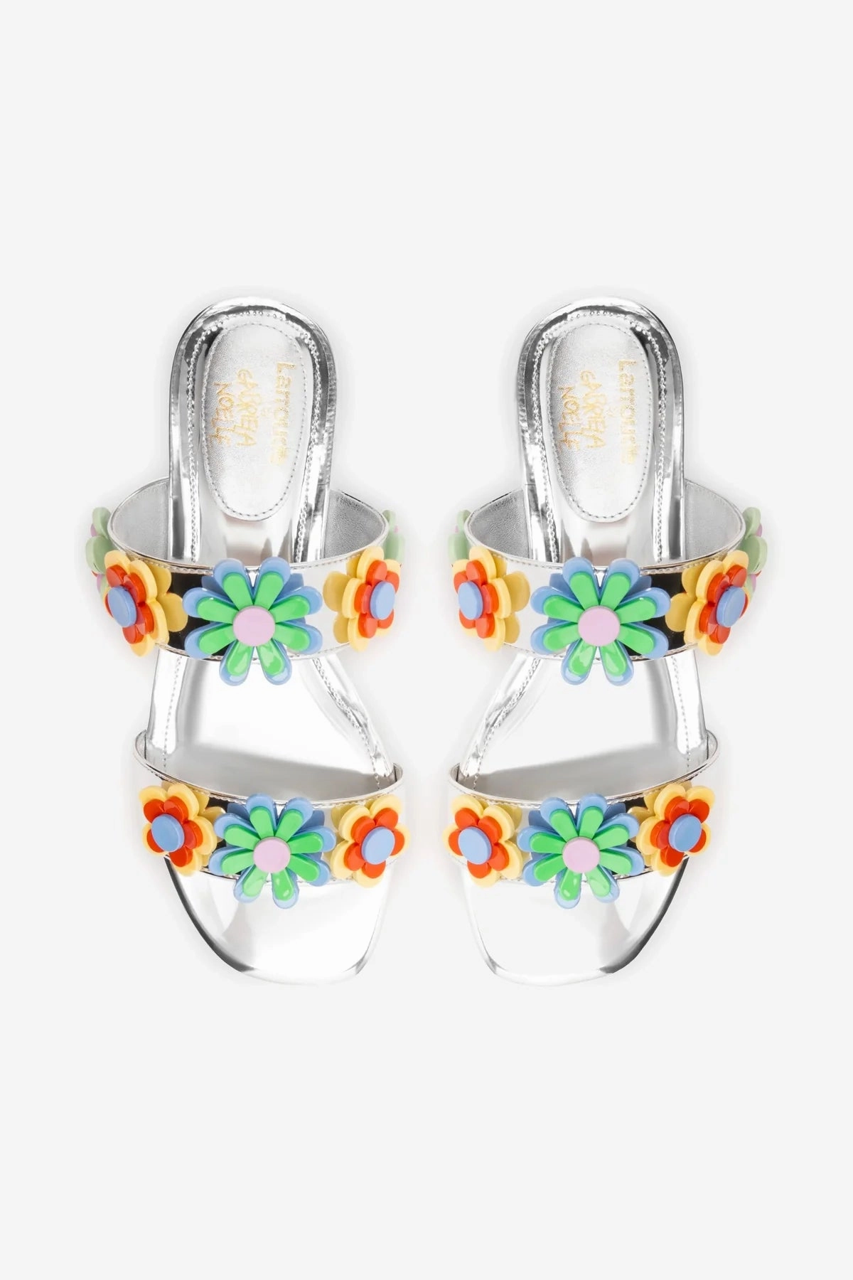 Larroudé x Gabriela Noelle: Blossom Flat Sandal In Silver Specchio and Multicolor Acrylic