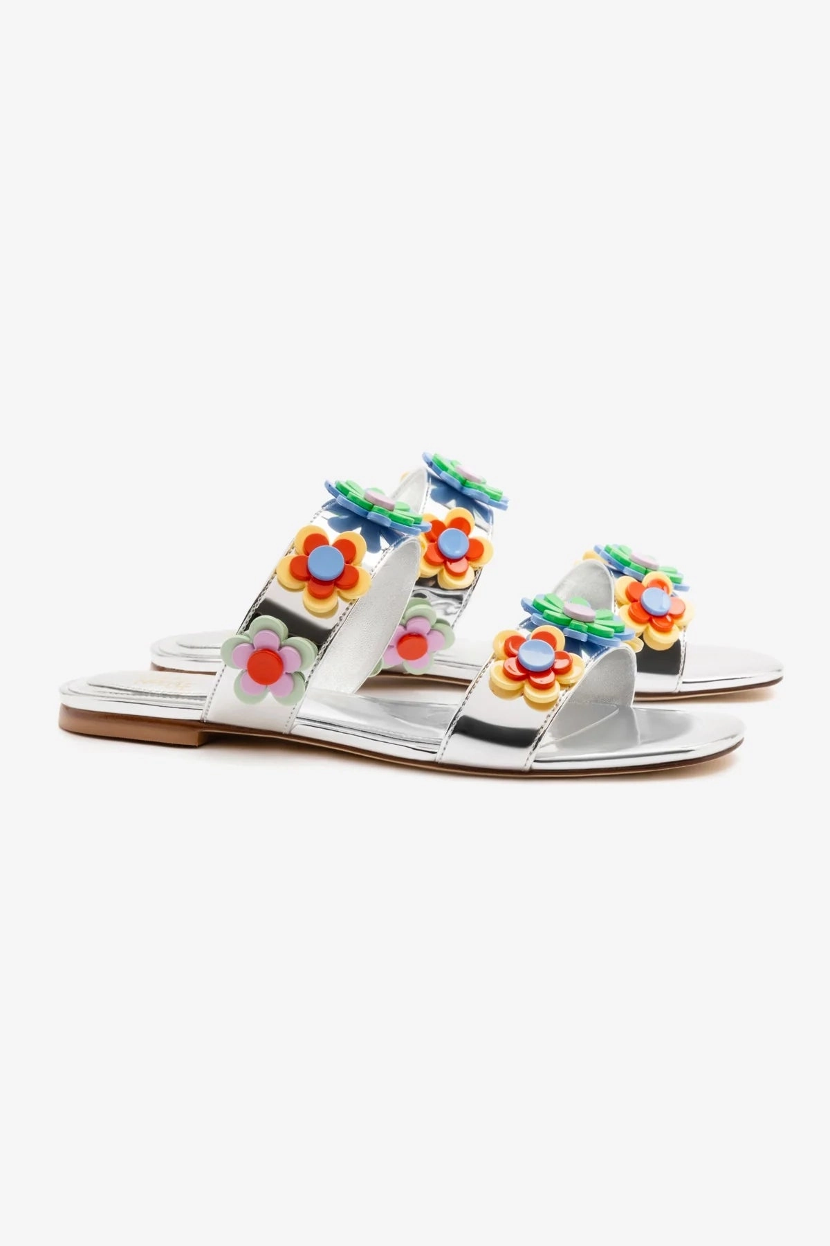 Larroudé x Gabriela Noelle: Blossom Flat Sandal In Silver Specchio and Multicolor Acrylic