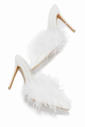 Lorelai Faux Feather Mule Heels - White