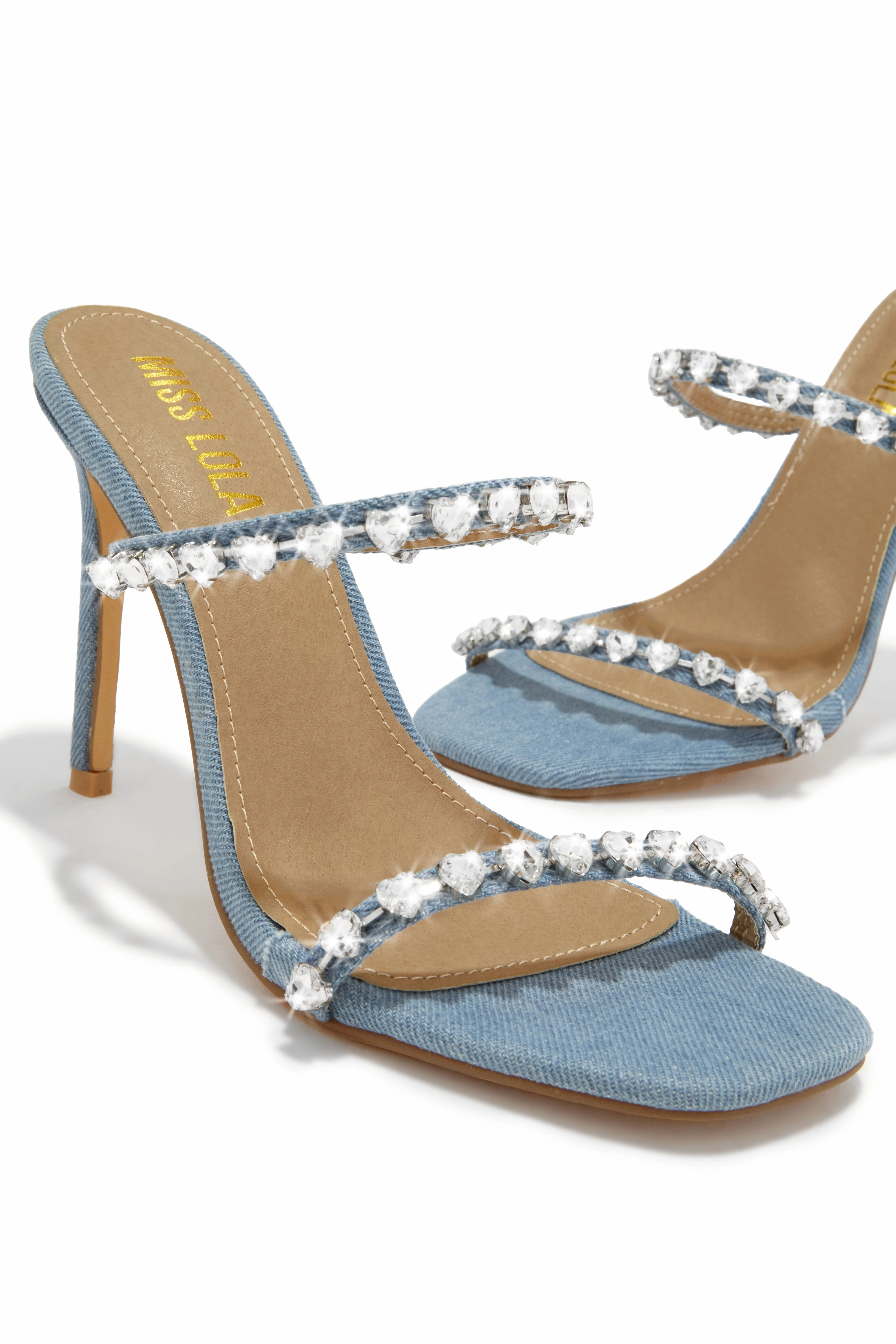 Love Addiction Embellished High Heel Mules - Denim