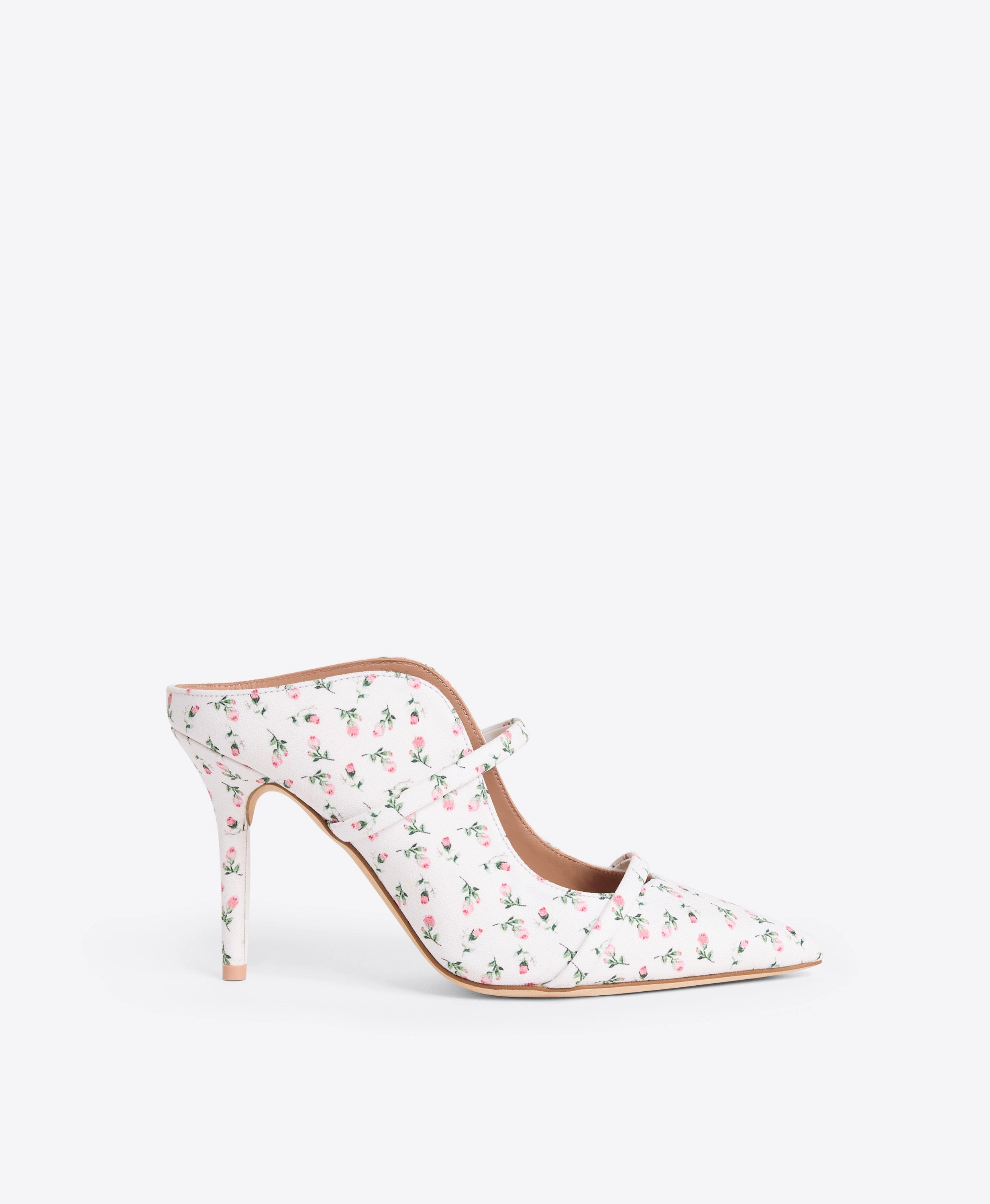 Maureen 85 White Floral Canvas Heeled Mules