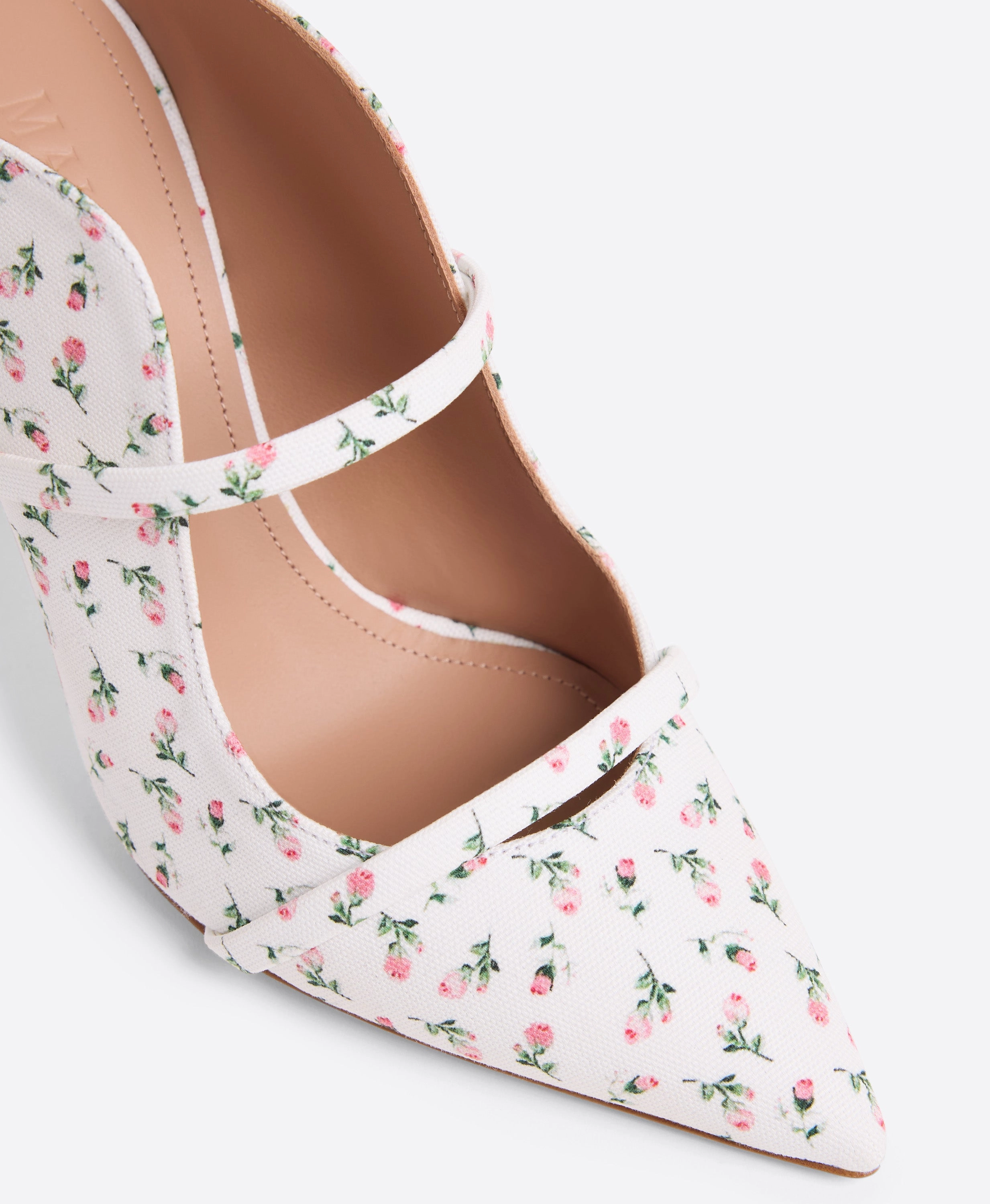 Maureen 85 White Floral Canvas Heeled Mules