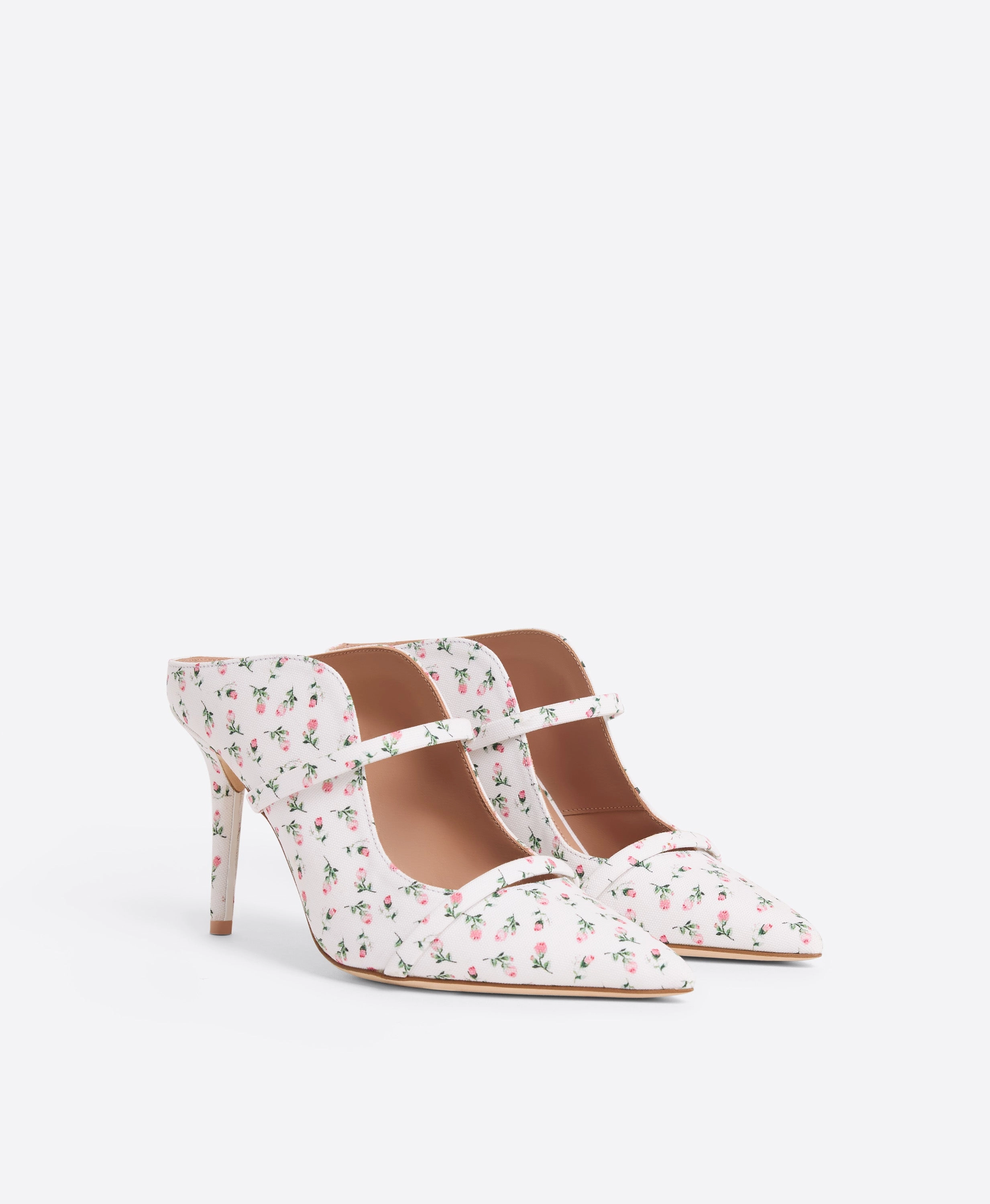 Maureen 85 White Floral Canvas Heeled Mules