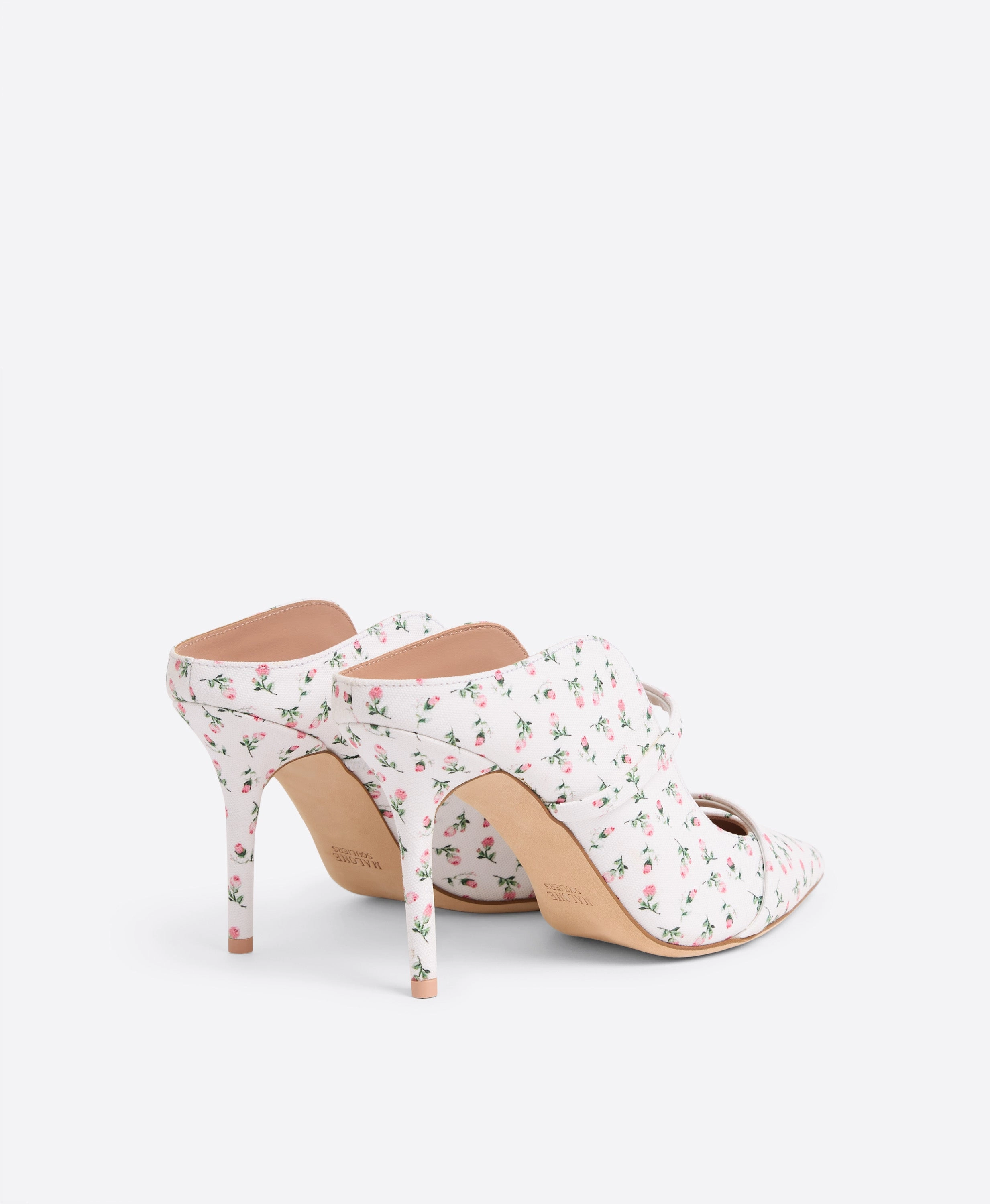 Maureen 85 White Floral Canvas Heeled Mules