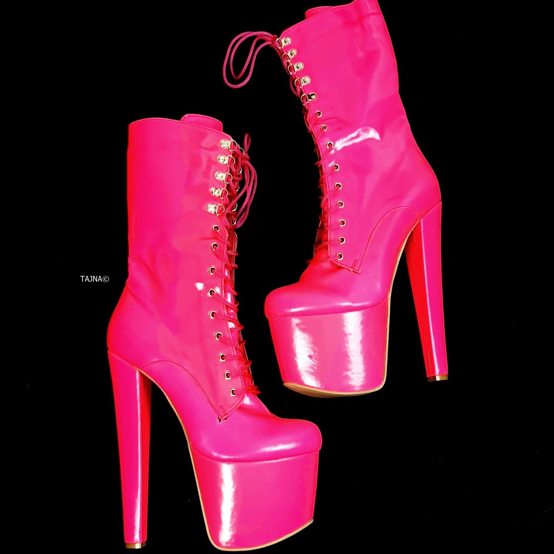 Neon Hot Pink Lace Up High Heel Boots