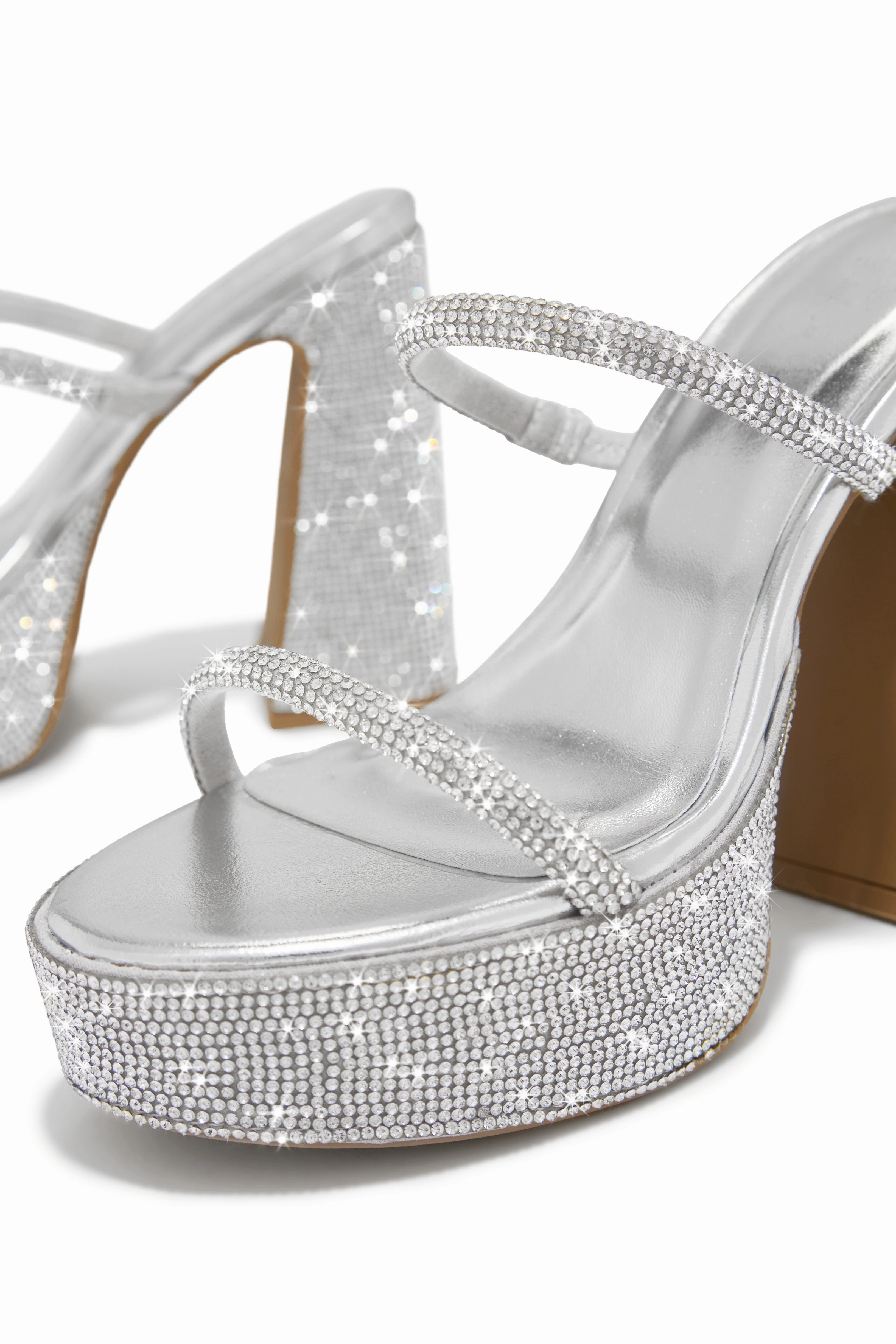 Nights In Paris Embellished Platform Block Heel Mules - Silver