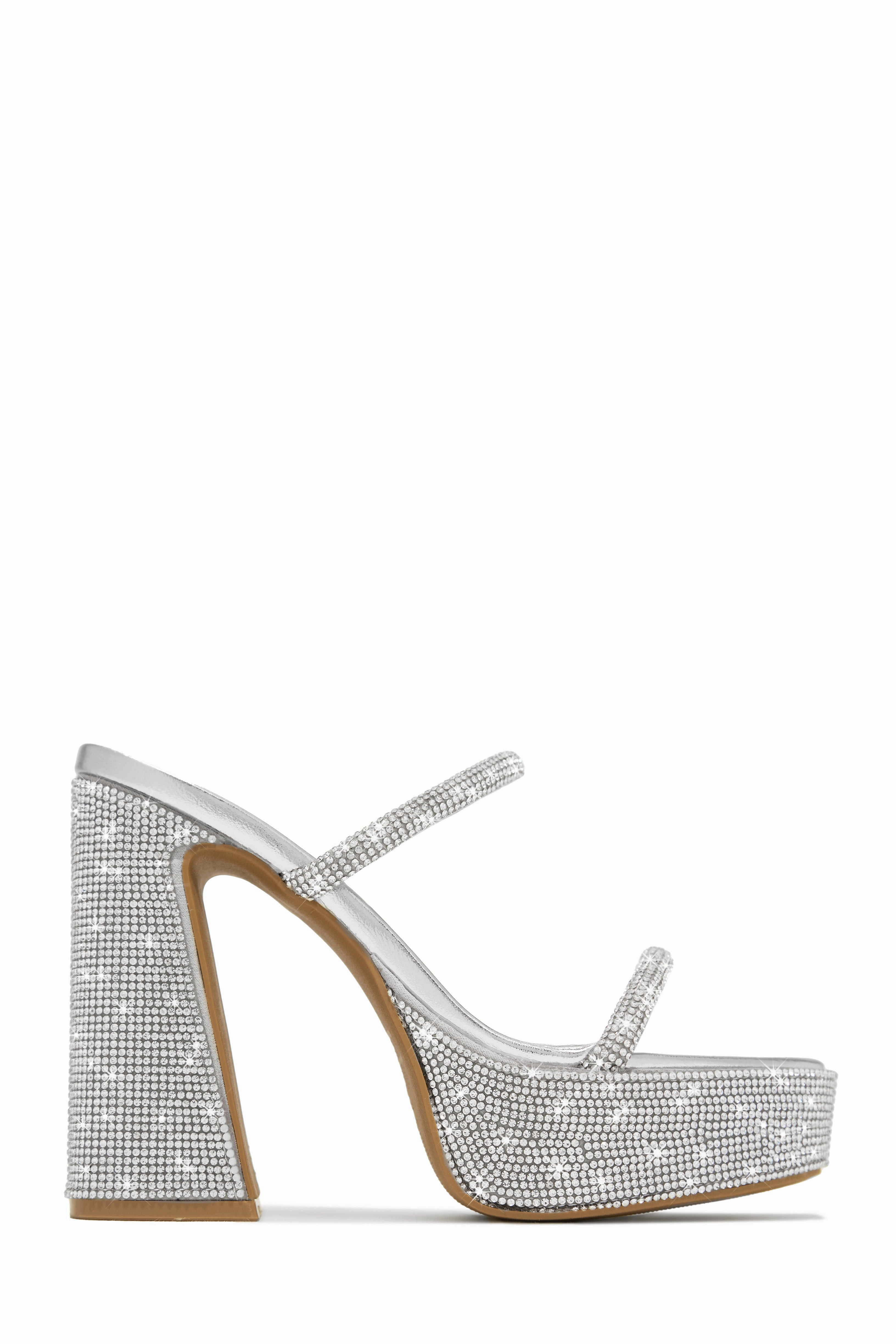 Nights In Paris Embellished Platform Block Heel Mules - Silver
