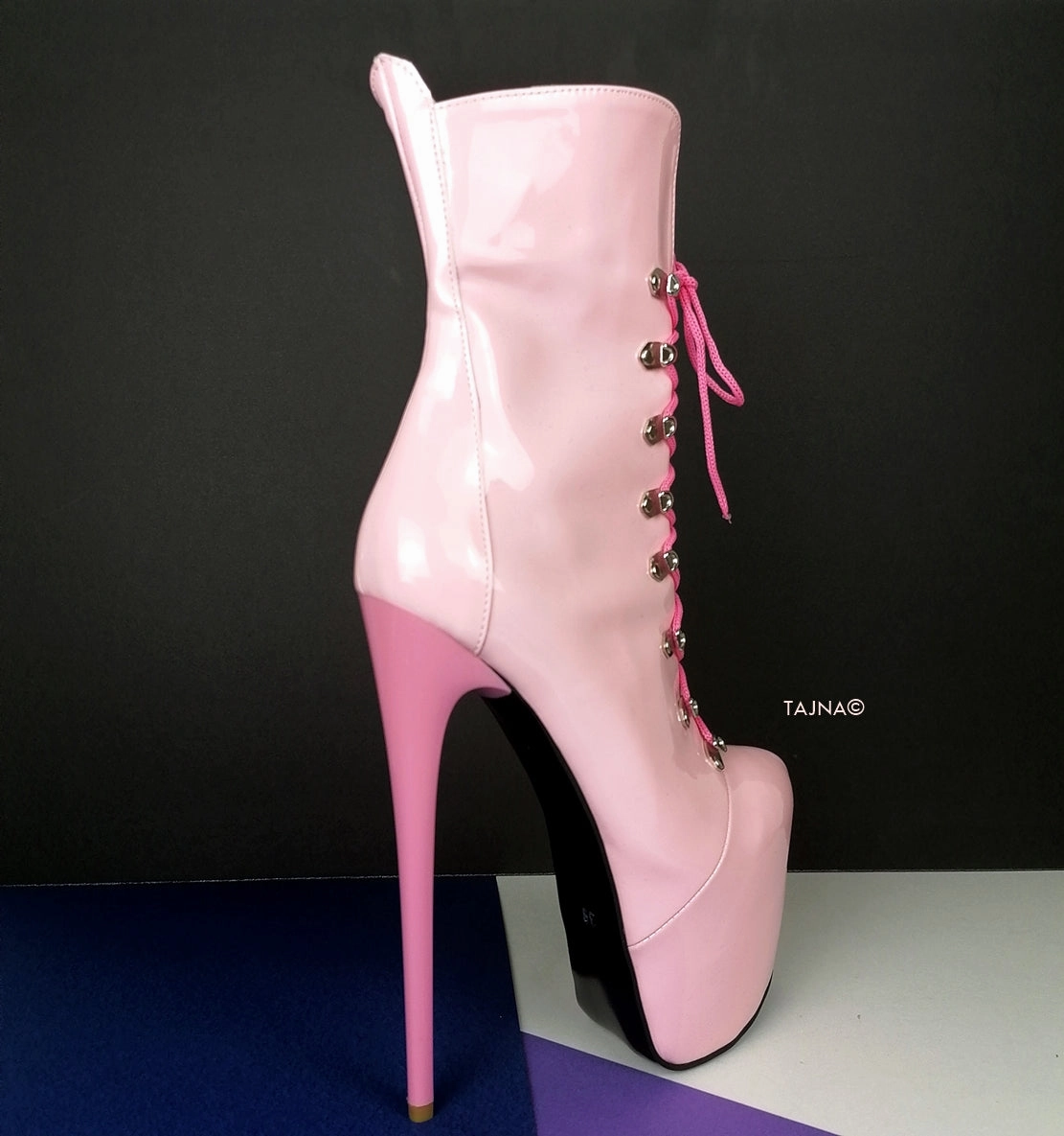 Pink Gloss Lace Up Heel Military Booties