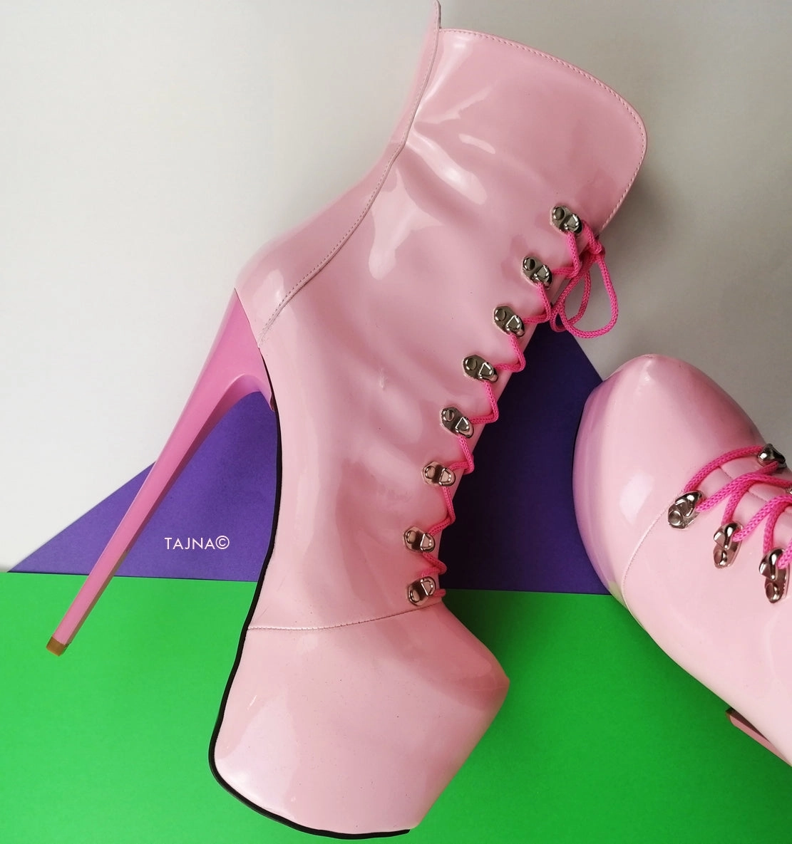 Pink Gloss Lace Up Heel Military Booties
