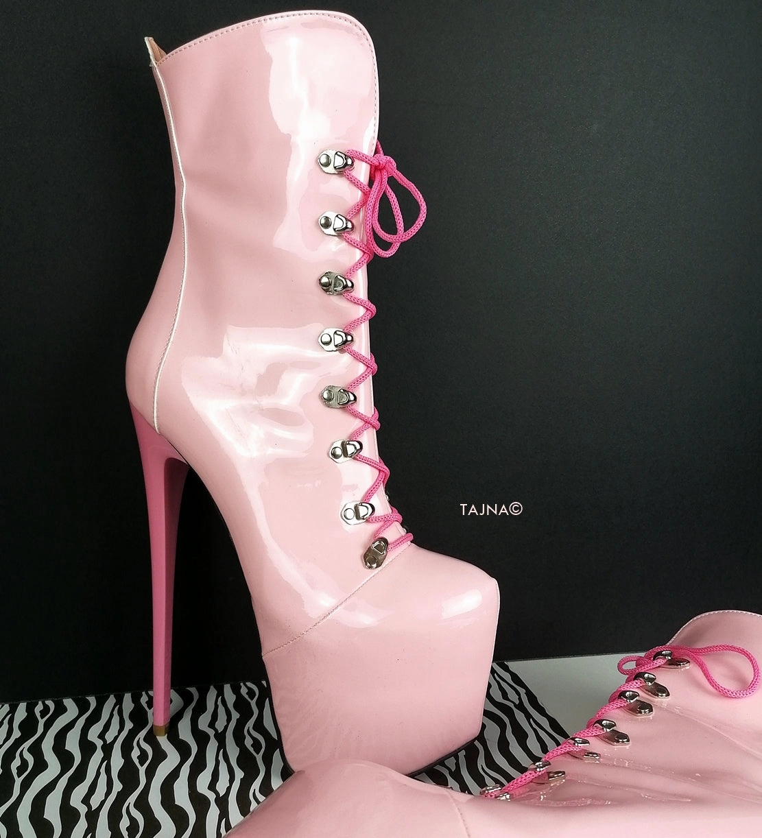 Pink Gloss Lace Up Heel Military Booties