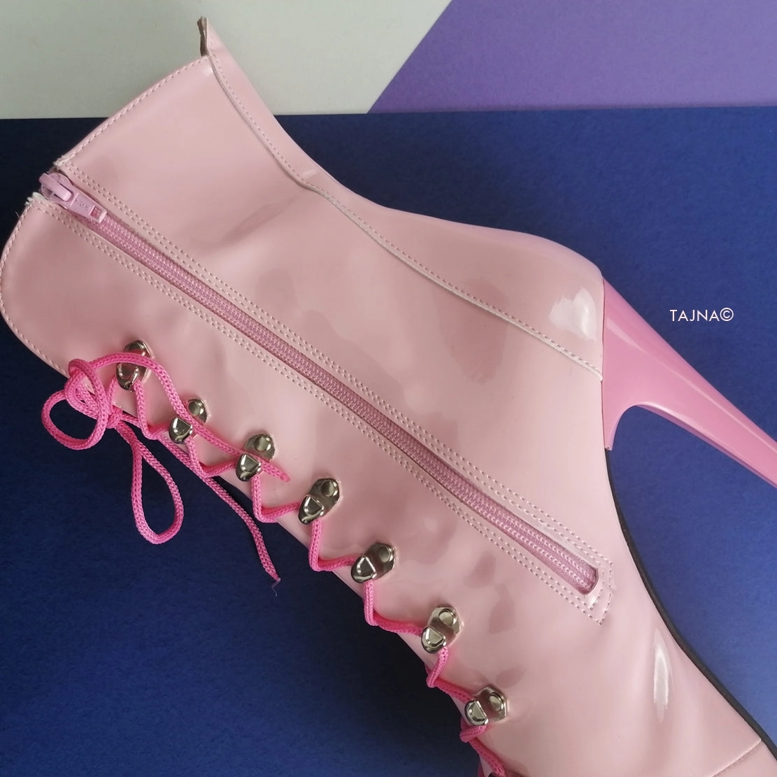 Pink Gloss Lace Up Heel Military Booties