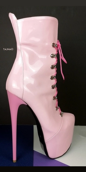 Pink Gloss Lace Up Heel Military Booties