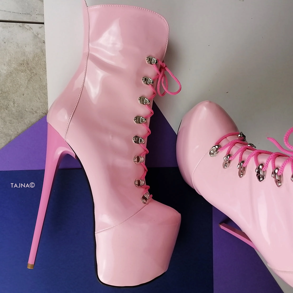 Pink Gloss Lace Up Heel Military Booties