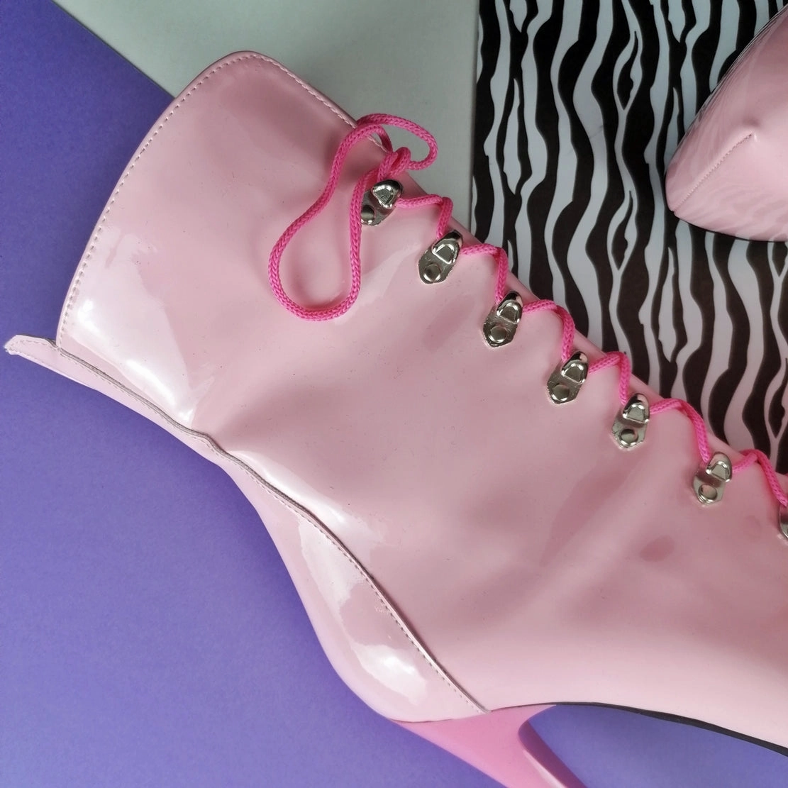 Pink Gloss Lace Up Heel Military Booties