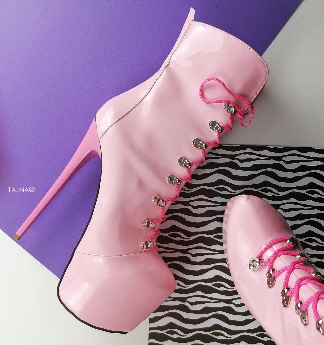 Pink Gloss Lace Up Heel Military Booties