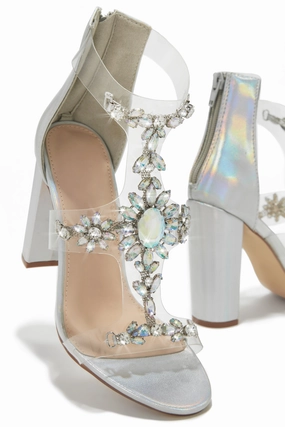 Queen Energy Embellished Clear Strap High Heels - Silver