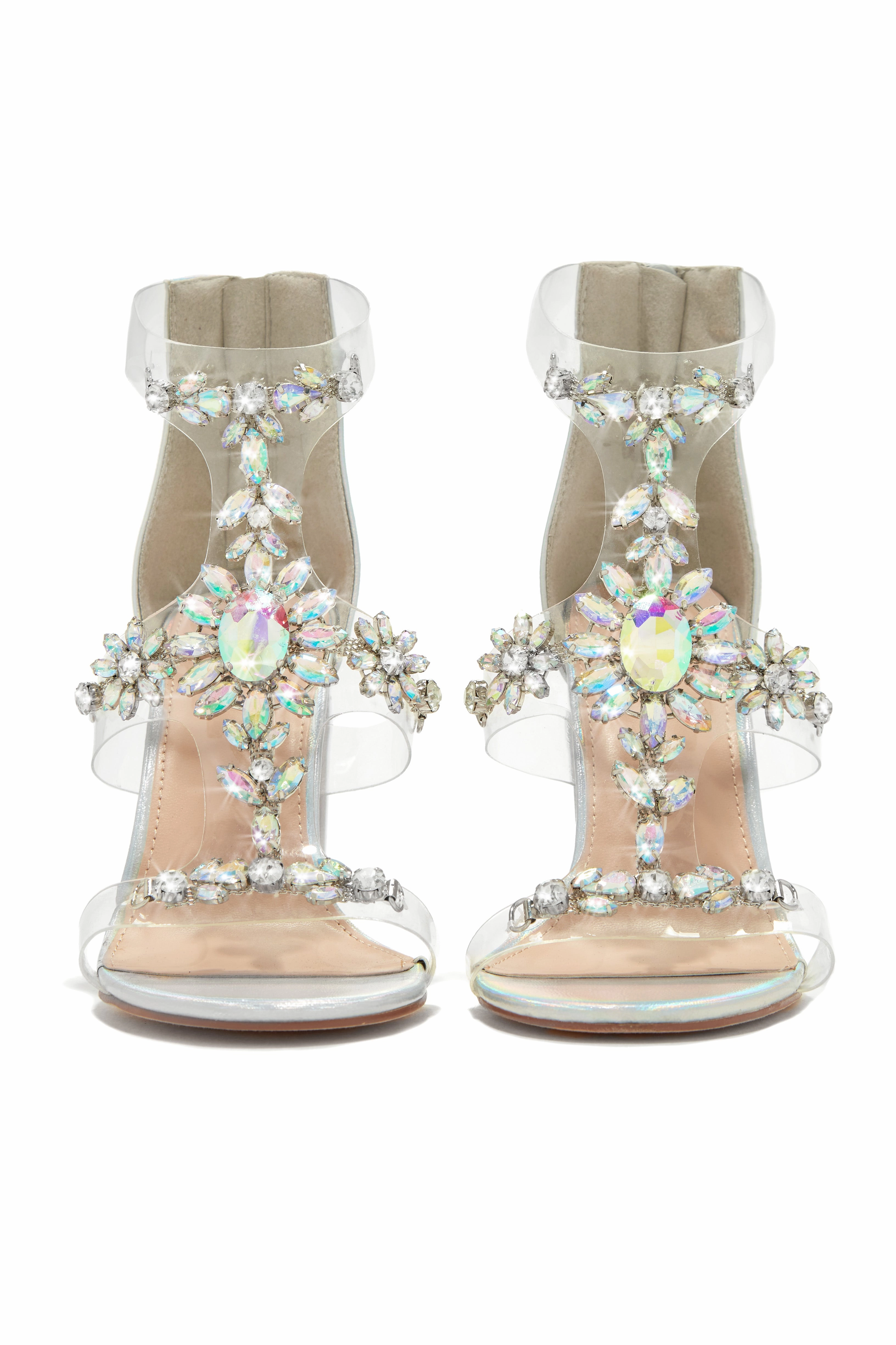 Queen Energy Embellished Clear Strap High Heels - Silver