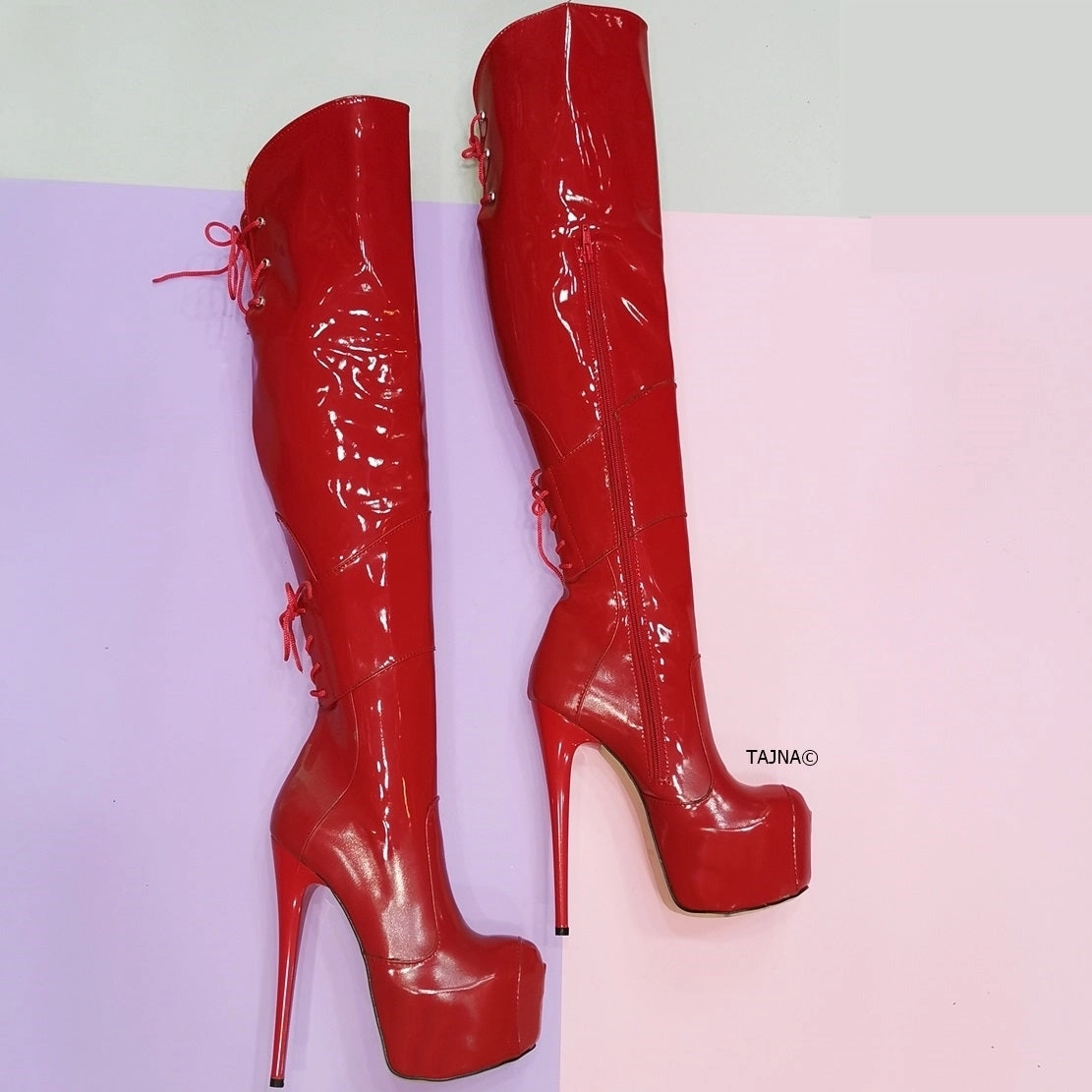 Red Patent Over the Knee High Heel Boots