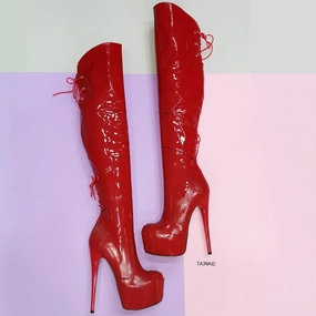 Red Patent Over the Knee High Heel Boots