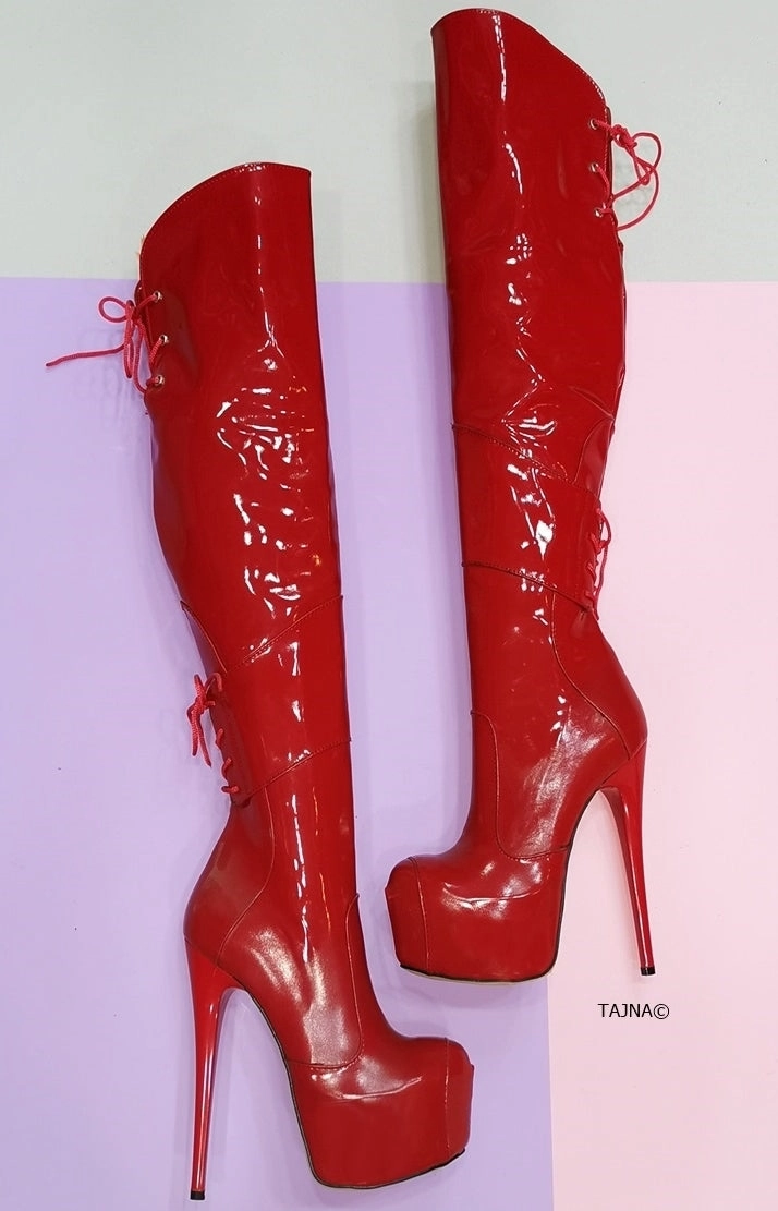 Red Patent Over the Knee High Heel Boots