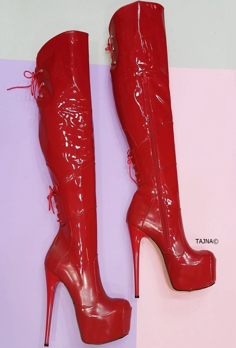 Red Patent Over the Knee High Heel Boots