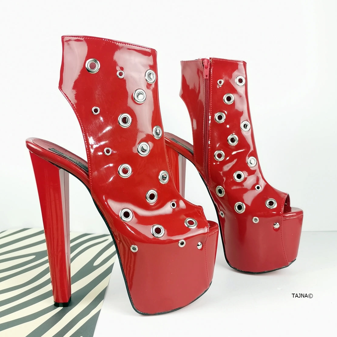 Red Patent Pin Open Back Ankle Heels